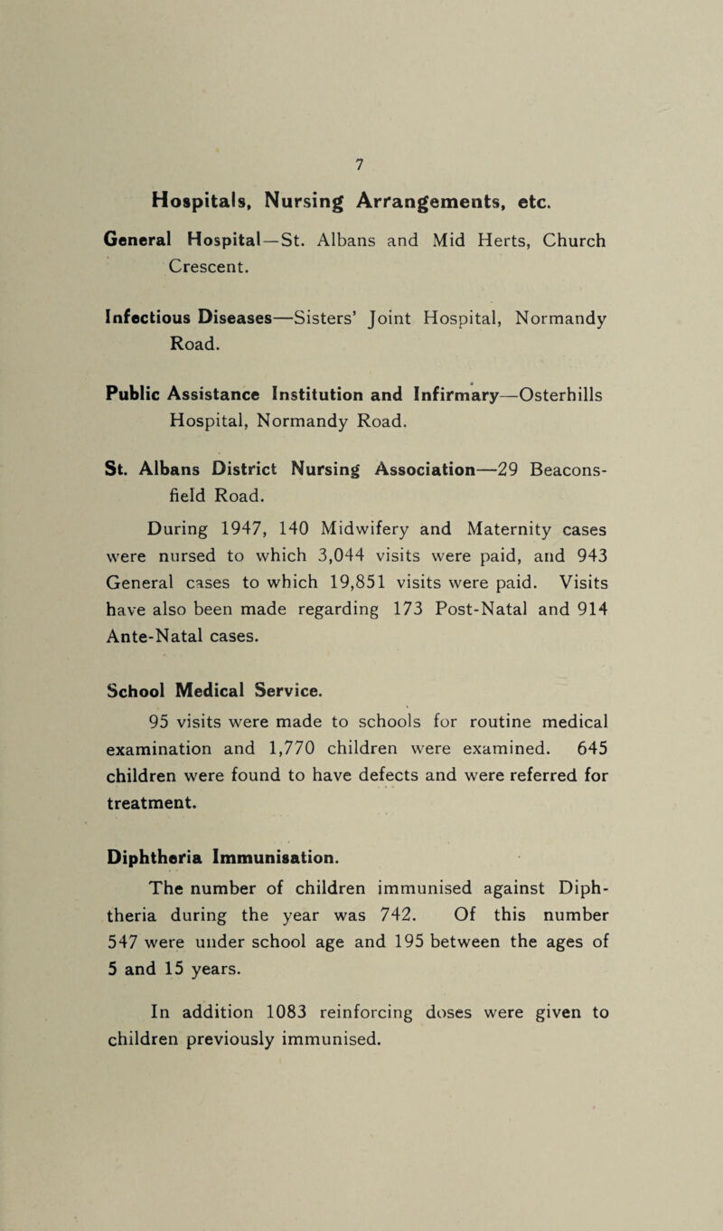 Hospitals, Nursing Arrangements, etc. General Hospital—St. Albans and Mid Herts, Church Crescent. Infectious Diseases—Sisters’ Joint Hospital, Normandy Road. Public Assistance Institution and Infirmary—Osterhills Hospital, Normandy Road. St. Albans District Nursing Association—29 Beacons- field Road. During 1947, 140 Midwifery and Maternity cases were nursed to which 3,044 visits were paid, and 943 General cases to which 19,851 visits were paid. Visits have also been made regarding 173 Post-Natal and 914 Ante-Natal cases. School Medical Service. 95 visits were made to schools for routine medical examination and 1,770 children were examined. 645 children were found to have defects and were referred for treatment. Diphtheria Immunisation. The number of children immunised against Diph¬ theria during the year was 742. Of this number 547 were under school age and 195 between the ages of 5 and 15 years. In addition 1083 reinforcing doses were given to children previously immunised.