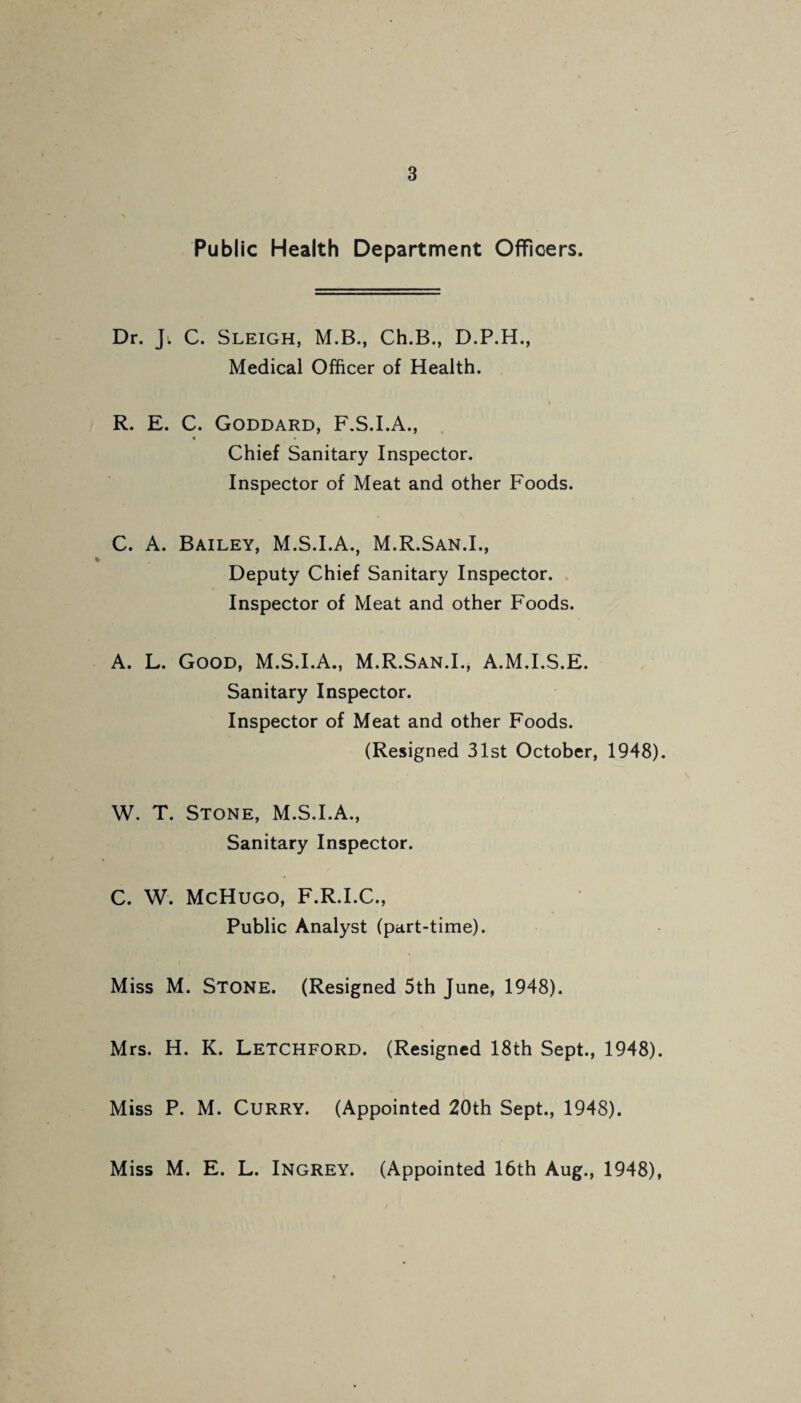 Public Health Department Officers. Dr. Ji C. Sleigh, M.B., Ch.B., D.P.H., Medical Officer of Health. R. E. C. Goddard, F.S.I.A., • * Chief Sanitary Inspector. Inspector of Meat and other Foods. C. A. Bailey, M.S.I.A., M.R.San.I., Deputy Chief Sanitary Inspector. Inspector of Meat and other Foods. A. L. Good, M.S.I.A., M.R.San.I., A.M.I.S.E. Sanitary Inspector. Inspector of Meat and other Foods. (Resigned 31st October, 1948). W. T. Stone, M.S.I.A., Sanitary Inspector. C. W. McHugo, F.R.I.C., Public Analyst (part-time). Miss M. Stone. (Resigned 5th June, 1948). Mrs. H. K. Letchford. (Resigned 18th Sept., 1948). Miss P. M. Curry. (Appointed 20th Sept., 1948). Miss M. E. L. Ingrey. (Appointed 16th Aug., 1948),