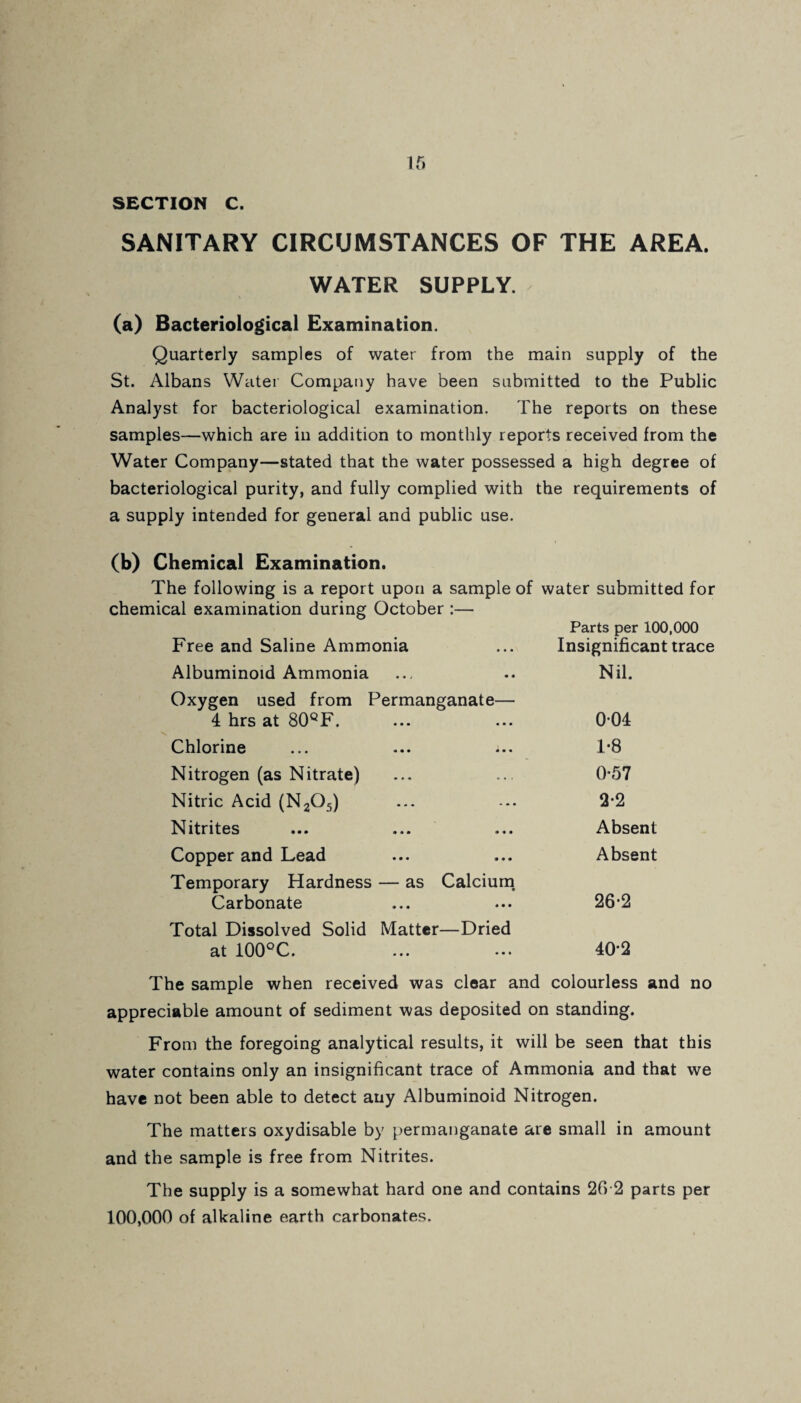 SECTION C. SANITARY CIRCUMSTANCES OF THE AREA. WATER SUPPLY. (a) Bacteriological Examination. Quarterly samples of water from the main supply of the St. Albans Water Company have been submitted to the Public Analyst for bacteriological examination. The reports on these samples—which are in addition to monthly reports received from the Water Company—stated that the water possessed a high degree of bacteriological purity, and fully complied with the requirements of a supply intended for general and public use. (b) Chemical Examination. The following is a report upon a sample of water submitted for chemical examination during October :— Parts per 100,000 Free and Saline Ammonia Insignificant Albuminoid Ammonia « • ; • • Nil. Oxygen used from Permanganate— 4 hrs at 80QF. 004 Chlorine • • • • • • 1-8 Nitrogen (as Nitrate) • . « • • i 0-57 Nitric Acid (N2Os) • . . . • * 2-2 Nitrites • * • • « • Absent Copper and Lead • • • • • • Absent Temporary Hardness Carbonate — as Calcium • • • • • • 26-2 Total Dissolved Solid at 100°C. Matter—Dried • • • • • • 40*2 The sample when received was clear and colourless and no appreciable amount of sediment was deposited on standing. From the foregoing analytical results, it will be seen that this water contains only an insignificant trace of Ammonia and that we have not been able to detect any Albuminoid Nitrogen. The matters oxydisable by permanganate are small in amount and the sample is free from Nitrites. The supply is a somewhat hard one and contains 26 2 parts per 100,000 of alkaline earth carbonates.