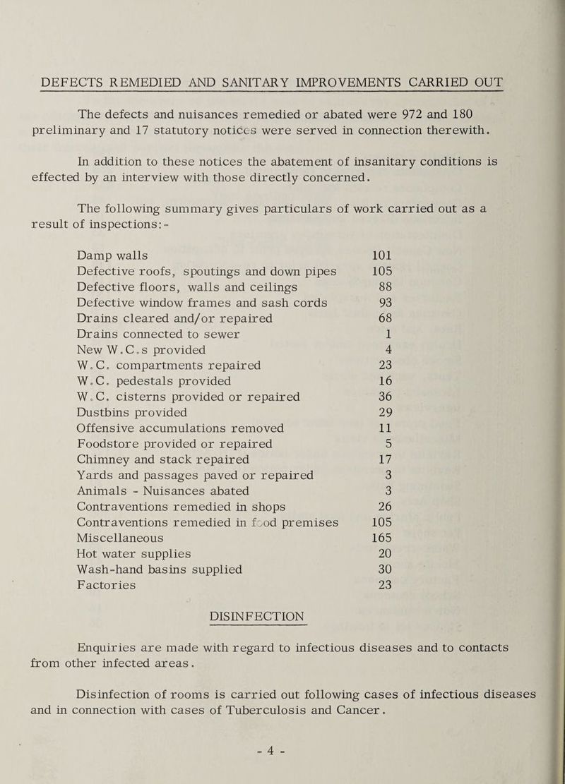 DEFECTS REMEDIED AND SANITARY IMPROVEMENTS CARRIED OUT The defects and nuisances remedied or abated were 972 and 180 preliminary and 17 statutory notices were served in connection therewith. In addition to these notices the abatement of insanitary conditions is effected by an interview with those directly concerned. The following summary gives particulars of work carried out as a result of inspections:- Damp walls 101 Defective roofs, spoutings and down pipes 105 Defective floors, walls and ceilings 88 Defective window frames and sash cords 93 Drains cleared and/or repaired 68 Drains connected to sewer 1 New W. C. s provided 4 W.C. compartments repaired 23 W.C. pedestals provided 16 WaC. cisterns provided or repaired 36 Dustbins provided 29 Offensive accumulations removed 11 Foodstore provided or repaired 5 Chimney and stack repaired 17 Yards and passages paved or repaired 3 Animals - Nuisances abated 3 Contraventions remedied in shops 26 Contraventions remedied in f^od premises 105 Miscellaneous 165 Hot water supplies 20 Wash-hand basins supplied 30 Factories 23 DISINFECTION Enquiries are made with regard to infectious diseases and to contacts from other infected areas. Disinfection of rooms is carried out following cases of infectious diseases and in connection with cases of Tuberculosis and Cancer. - 4 -