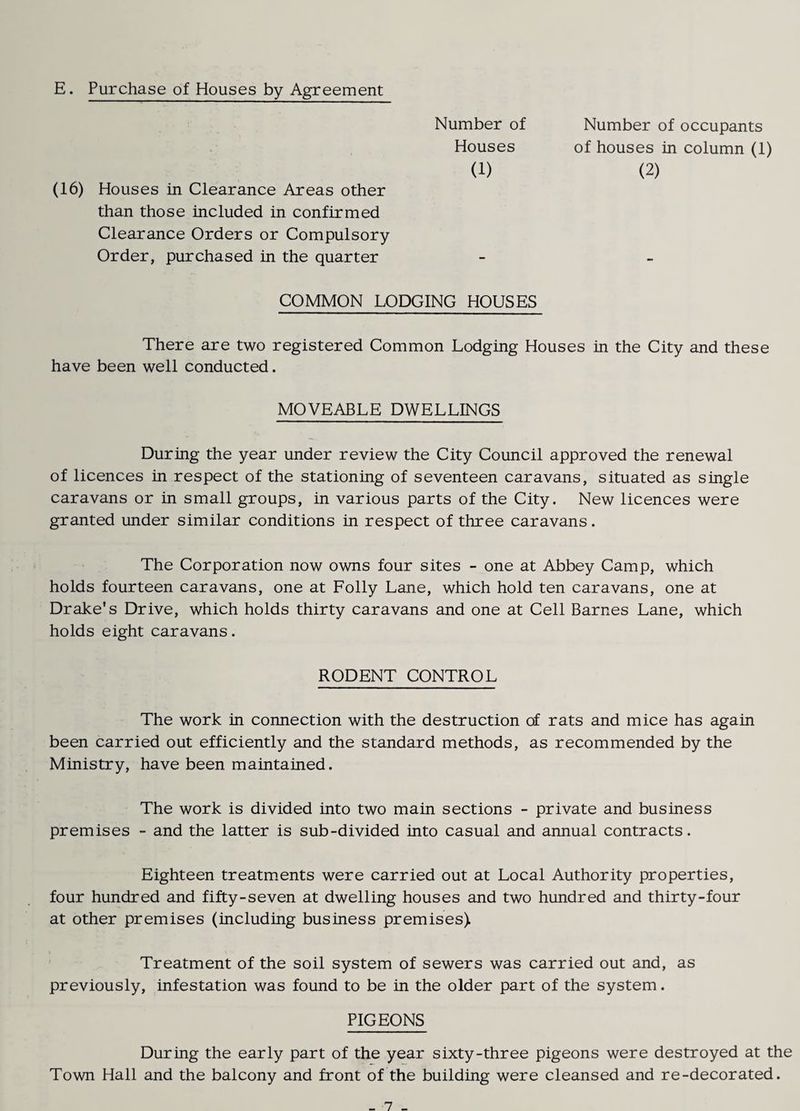 E. Purchase of Houses by Agreement (16) Houses in Clearance Areas other than those included in confirmed Clearance Orders or Compulsory Order, purchased in the quarter Number of Houses (1) Number of occupants of houses in column (1) (2) COMMON LODGING HOUSES There are two registered Common Lodging Houses in the City and these have been well conducted. MOVEABLE DWELLINGS During the year under review the City Council approved the renewal of licences in respect of the stationing of seventeen caravans, situated as single caravans or in small groups, in various parts of the City. New licences were granted under similar conditions in respect of three caravans. The Corporation now owns four sites - one at Abbey Camp, which holds fourteen caravans, one at Folly Lane, which hold ten caravans, one at Drake’s Drive, which holds thirty caravans and one at Cell Barnes Lane, which holds eight caravans. RODENT CONTROL The work in connection with the destruction of rats and mice has again been carried out efficiently and the standard methods, as recommended by the Ministry, have been maintained. The work is divided into two main sections - private and business premises - and the latter is sub-divided into casual and annual contracts. Eighteen treatm^ents were carried out at Local Authority properties, four hundred and fifty-seven at dwelling houses and two hundred and thirty-four at other premises (including business premises) Treatment of the soil system of sewers was carried out and, as previously, infestation was found to be in the older part of the system. PIGEONS During the early part of the year sixty-three pigeons were destroyed at the Town Hall and the balcony and front of the building were cleansed and re-decorated.