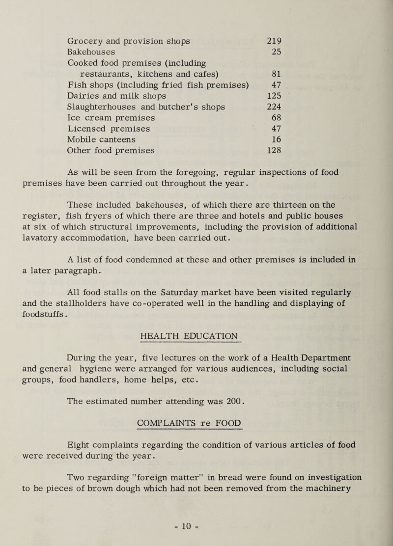 Grocery and provision shops 219 Bakehouses 25 Cooked food premises (including restaurants, kitchens and cafes) 81 Fish shops (including fried fish premises) 47 Dairies and milk shops 125 Slaughterhouses and butcher’s shops 224 Ice cream premises 68 Licensed premises 47 Mobile canteens 16 Other food premises 128 As will be seen from the foregoing, regular inspections of food premises have been carried out throughout the year. These included bakehouses, of which there are thirteen on the register, fish fryers of which there are three and hotels and public houses at six of which structural improvements, including the provision of additional lavatory accommodation, have been carried out. A list of food condemned at these and other premises is included in a later paragraph. All food stalls on the Saturday market have been visited regularly and the stallholders have co-operated well in the handling and displaying of foodstuffs. HEALTH EDUCATION During the year, five lectures on the work of a Health Department and general hygiene were arranged for various audiences, including social groups, food handlers, home helps, etc. The estimated number attending was 200. COMPLAINTS re FOOD Eight complaints regarding the condition of various articles of food were received during the year. Two regarding foreign matter in bread were found on investigation to be pieces of brown dough which had not been removed from the machinery