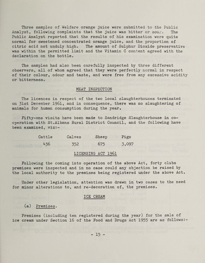 Three samples of Welfare orange juice were submitted to the Public Analyst, following complaints that the juice was bitter or soux’o The Public Analyst reported that the results of his examination were quite normal for sweetened concentrated orange juice, and the proportion of citric acid not unduly high. The amount of Sulphur Dioxide preservative was within the permitted limit and the Vitamin C content agreed with the declaration on the bottle. The samples had also been carefully inspected by three different observers, all of whom agreed that they were perfectly normal in respect of their colour, odour and taste, and were free from any excessive acidity or bitterness. MEAT INSPECTION The licences in respect of the two local slaughterhouses terminated on 31st December I96I, and in consequence, there was no slaughtering of animals for human consumption during the year. Fifty-one visits have been made to Sandridge Slaughterhouse in co¬ operation with St.Albans Rural District Council, and the following have been examined, vizs- Cattle Calves Sheep Pigs 436 352 673 3,097 LICENSING ACT I96I Following the coming into operation of the above Act, forty clubs premises were inspected and in no case could any objection be raised by the local authority to the premises being registered under the above Act. Under other legislation, attention was drawn in two cases to the need for minor alterations to, and re-decoration of, the premises, ICE CREAM (a) Premises. Premises (including ten registered during the year) for the sale of ice cream under Section I6 of the Food and Drugs Act 1935 are as follows