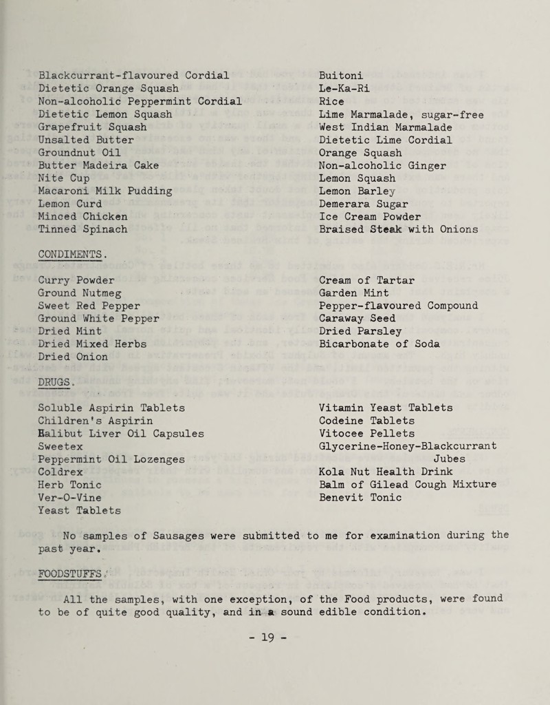 Blackcurrant”flavoured Cordial Dietetic Orange Squash Non-alcoholic Peppermint Cordial Dietetic Lemon Squash Grapefruit Squash Unsalted Butter Groundnut Oil Butter Madeira Cake Nite Cup Macaroni Milk Pudding Lemon Curd Minced Chicken Tinned Spinach Buitoni Le-Ka-Ri Rice Lime Marmalade, sugar-free West Indian Marmalade Dietetic Lime Cordial Orange Squash Non-alcoholic Ginger Lemon Squash Lemon Barley Demerara Sugar Ice Cream Powder Braised Steak with Onions CONDIMENTS. Curry Powder Cream of Tartar Ground Nutmeg Garden Mint Sweet Red Pepper Pepper-flavoured Compound Ground White Pepper Caraway Seed Dried Mint Dried Parsley Dried Mixed Herbs Bicarbonate of Soda Dried Onion DRUGS o Soluble Aspirin Tablets Children * s Aspirin Halibut Liver Oil Capsules Sweetex Peppermint Oil Lozenges Coldrex Herb Tonic Ver-O-Vine Yeast Tablets No samples of Sausages were submitted to me for examination during the past year. FOODSTUFFS All the samples, with one exception, of the Food products, were found to be of quite good quality, and in a sound edible condition. Vitamin Yeast Tablets Codeine Tablets Vitocee Pellets Glycerine-Honey-Blackcurrant Jubes Kola Nut Health Drink Balm of Gilead Cough Mixture Benevit Tonic