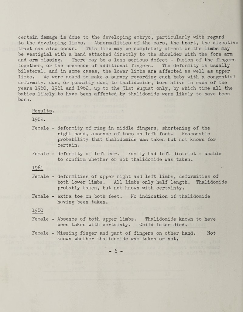 certain damage is done to the developing embryo, particularly with regard to the developing limbs* Abnormalities of the ears, the heart, the digestive tract can also occur. This limb may be completely absent or the limbs may be vestigial with a hand attached directly to the shoulder with the fore arm and arm missing. There may be a less serious defect - fusion of the fingers together, or the presence of additional fingers. The deformity is usually bilateral, and in some cases, the lower limbs are affected as well as upper limbs. v/e were asked to make a survey regarding each baby v/ith a congential deformity, due, or possibly due, to thalidomide, born alive in each of the years 19^0, I96I and 1962, up to the 31st August only, by which time all the babies likely to have been affected by thalidomide were likely to have been born. Results. 1962. Female - deformity of ring in middle fingers, shortening of the right hand, absence of toes on left foot. Reasonable probability that thalidomide was taken but not known for certain. Female - deformity of left ear. Family had left district - unable to confirm whether or not thalidomide was taken. 1961 Female - deformities of upper right and left limbs, deformities of both lower limbs. All limbs only half length. Thalidomide probably taken, but not known with certainty. Female - extra toe on both feet. No indication of thalidomide having been taken. i960 Female - Absence of both upper limbs. Thalidomide known to have been taken with certainty. Child later died. Female - Missing finger and part of fingers on other hand. Not known whether thalidomide was taken or not,