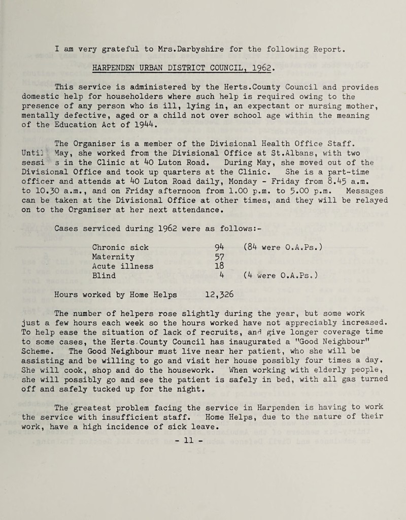 I am very grateful to Mrs.Darbyshire for the following Report. HARPENDEN URBAN DISTRICT COUNCIL, 1962. This service is administered by the Herts.County Council and provides domestic help for householders where such help is required owing to the presence of any person who is ill, lying in, an expectant or nursing mother, mentally defective, aged or a child not over school age within the meaning of the Education Act of 19^4. The Organiser is a member of the Divisional Health Office Staff. Untij May, she worked from the Divisional Office at St.Albans, with two sessi 3 in the Clinic at 40 Luton Road. During May, she moved out of the Divisional Office and took up quarters at the Clinic. She is a part-time officer and attends at 40 Luton Road daily, Monday - Friday from 8.45 a.m. to 10.30 a.m., and on Friday afternoon from 1.00 p.m. to 5*00 p.m. Messages can be taken at the Divisional Office at other times, and they will be relayed on to the Organiser at her next attendance. Cases serviced during I962 were as follows 94 (84 were O.A.Ps.) 57 18 4 (4 were O.A.Ps.) Chronic sick Maternity Acute illness Blind Hours worked by Home Helps 12,326 The number of helpers rose slightly during the year, but some work just a few hours each week so the hours worked have not appreciably increased. To help ease the situation of lack of recruits, anH give longer coverage time to some cases, the Herts.County Council has inaugurated a ’’Good Neighbour'* Scheme. The Good Neighbour must live near her patient, who she will be assisting and be willing to go and visit her house possibly four times a day. She will cook, shop and do the housework. V/hen working with elderly people, she will possibly go and see the patient is safely in bed, with all gas turned off and safely tucked up for the night. The greatest problem facing the service in Harpenden is having to work the service with insufficient staff, Horae Helps, due to the nature of their work, have a high incidence of sick leave.