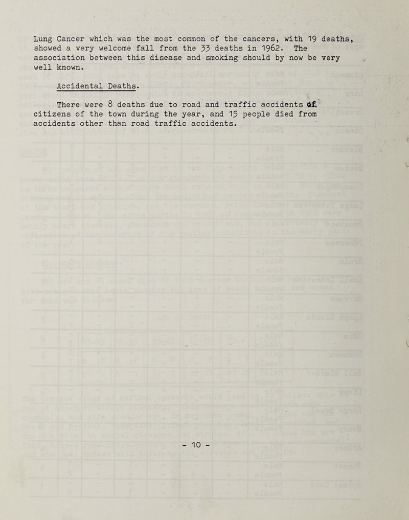 Lung Cancer which was the most common of the cancers, with 19 deaths, showed a very welcome fall from the 33 deaths in 1962. The association between this disease and smoking should by now be very well known. Accidental Deaths. There were 8 deaths due to road and traffic accidents citizens of the town during the year, and 13 people died from accidents other than road traffic accidents.