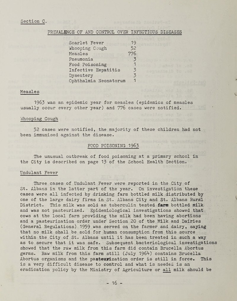 PREVALENCE OF AND CONTROL OVER INFECTIOUS DISEASES Scarlet Fever Whooping Cough Measles Pneumonia Food Poisoning Infective Hepatitis Dysentery Ophthalmia Neonatorum 19 92 776 3 1 3 3 1 Measles 1963 was an epidemic year for measles (epidemics of measles usually occur every other year) and 776 cases were notified. IVhooping Cough 52 cases were notified, the majority of these children had not been immunised against the disease. FOOD POISONING 1963 The unusual outbreak of food poisoning at a primary school in the City is described on page 13 of the School Health Section. Undulant Fever Three cases of Undulant Fever were reported in the City of St. Albans in the latter part of the year. On investigation these cases were all infected by drinking farm bottled milk distributed by one of the large dairy firms in St. Albans City and St. Albans Rural District. This milk was sold as tuberculin tested farm bottled milk and was not pasteurized. Epidemiological investigations showed that cows at the local farm providing the milk had been having abortions and a pasteurization order under Section 20 of the Milk and Dairies (General Regulations) 1959 was served on the farmer and dairy, saying that no milk shall be sold for human consumption from this source within the City of St. Albans until it has been treated in such a way as to secure that it was safe. Subsequent bacteriological investigations showed that the raw milk from this farm did contain Brucella Abortus germs. Raw milk from this farm still (July 1964) contains Brucella Abortus organisms and the pasteurization order is still in force. This is a very difficult disease to control and what is needed is an eradication policy by the Ministry of Agriculture or all milk should be