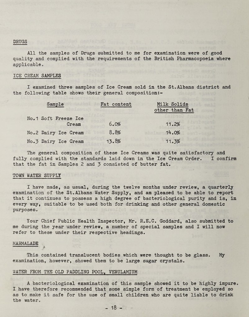 DRUGS All the samples of Drugs submitted to me for examination were of good quality and complied with the requirements of the British Pharmacopoeia where applicable* ICE CREAM SAMPLES I examined three samples of Ice Cream sold in the St»Albans district and the following table shows their general composition;- Sample Fat content No,1 Soft Freeze Ice Cream 6«0% No»2 Dairy Ice Cream 8*8^ No.3 Dairy Ice Cream 13*8% Milk Solids other than Fat 11o2% 11.3% The general composition of these Ice Creams was quite satisfactory and fully complied with the standards laid down in the Ice Cream Order, I confirm that the fat in Samples 2 and 3 consisted of butter fat. TOWN WATER SUPPLY I have made, as usual, during the twelve months under review, a quarterly examination of the St,Albans Water Supply, and am pleased to be able to report that it continues to possess a high degree of bacteriological purity and is, in every way, suitable to be used both for drinking and other general domestic purposes. Your Chief Public Health Inspector, Mr. R.E.C. Goddard, also submitted to me during the year under review, a number of special samples and I will now refer to these under their respective headings. MARMALADE This contained treinslucent bodies which were thought to be glass. My examination, however, showed them to be large sugar crystals. WATER FROM THE OLD PADDLING POOL, VERULAMIUM A bacteriological examination of this sample showed it to be highly impure. I have therefore recommended that some simple form of treatment be employed so as to make it safe for the use of small children who are quite liable to drink the water.