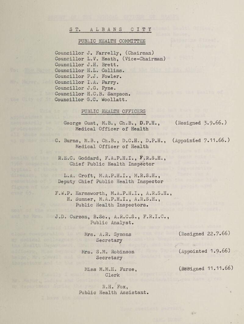S T ALBANS CITY PUBLIC HEALTH COMMITTEE Councillor J. Farrelly, (Chairman) Councillor L.V. Heath, (Vice-Chairman) Councillor J.H„ Brett. Councillor H.L. Collins. Councillor P.J. Fowler. Councillor I.A. Parry. Councillor J.G. Pyne. Councillor H.C.B. Sampson. Councillor G.C. Woollatt. PUBLIC HEALTH OFFICERS George Cust, M.Be, Ch.B., D.P.H., (Resigned 3*9.66.) Medical Officer of Health C. Burns, M.B., Ch.B., D.C.H., D.P.H., (Appointed y• 1 'l.66.) Medical Officer of Health R.E.C. Goddard, F.A.P.H.I., F.RoS0H., Chief Public Health Inspector L.A. Croft, M.A.P.H.I., M.R.S.H., Deputy Chief Public Health Inspector F.iV.P. Harmsworth, M.A.P.H.I., A.R.S.H., H. Sumner, M.A.P.H.I., A.R.S.H., Public Health Inspectors. J.D. Curzon, B.Sc.« A.R.C.S., F.R.I.C., (Resigned 22.7.66) (Appointed 1.9.66) (Resigned 11.11.66) Public Analyst. Mrs. A.R. Symons Secretary Mrs. S.M o Robinson Secretary Miss M.M.H. Furse, Clerk R.H. Fox, Public Health Assistant.