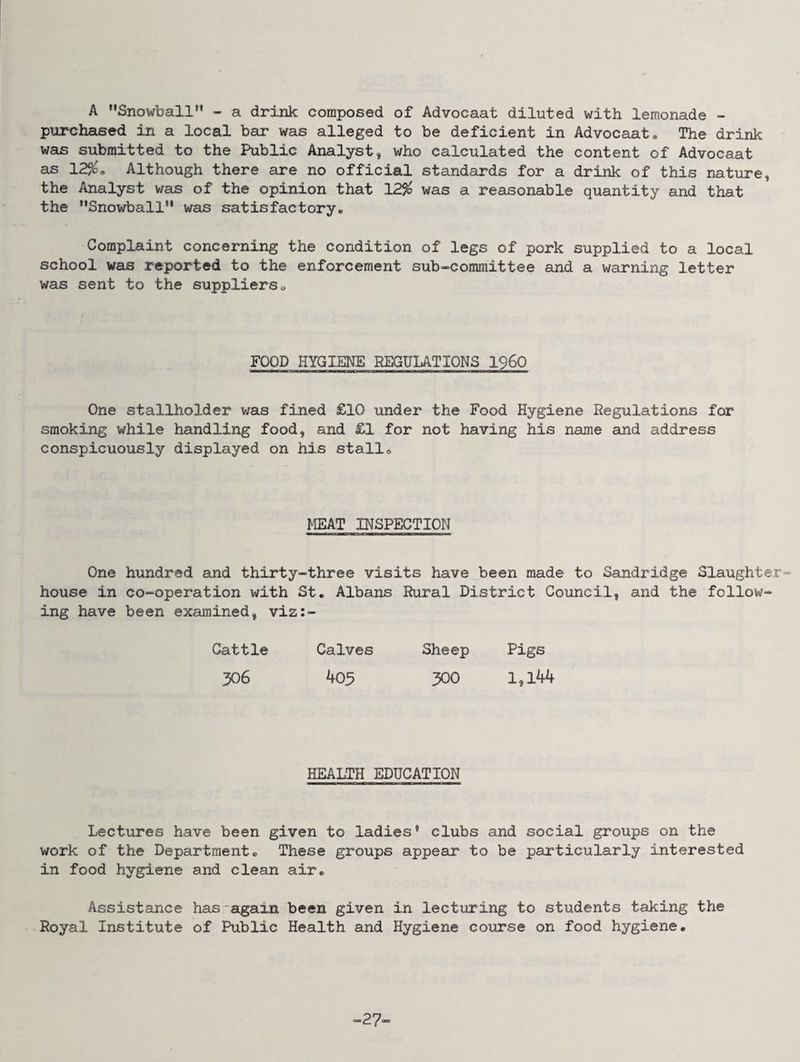 A Snowball” - a drink composed of Advocaat diluted with lemonade - purchased in a local bar was alleged to be deficient in Advocaat. The drink was submitted to the Public Analystt who calculated the content of Advocaat as 12#. Although there are no official standards for a drink of this nature, the Analyst was of the opinion that 12# was a reasonable quantity and that the Snowball was satisfactory* Complaint concerning the condition of legs of pork supplied to a local school was reported to the enforcement sub-committee and a warning letter was sent to the suppliers„ FOOD HYGIENE REGULATIONS i960 One stallholder was fined £10 under the Food Hygiene Regulations for smoking while handling food, and £1 for not having his name and address conspicuously displayed on his stall. MEAT INSPECTION One hundred and thirty-three visits have been made to Sandridge Slaughter house in co-operation with St. Albans Rural District Council, and the follow¬ ing have been examined, viz:- Cattle Calves Sheep Pigs 306 403 300 1,144 HEALTH EDUCATION Lectures have been given to ladies’ clubs and social groups on the work of the Department* These groups appear to be particularly interested in food hygiene and clean air* Assistance has again been given in lecturing to students taking the Royal Institute of Public Health and Hygiene course on food hygiene. -27-
