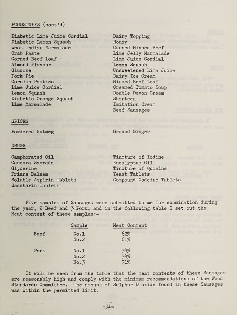 FOODSTUFFS (cont'd) Diabetic Lime Juice Cordial Diabetic Lemon Squash West Indian Marmalade Crab Paste Corned Beef Loaf Almond Flavour Glucose Pork Pie Cornish Pasties Lime Juice Cordial Lemon Squash Diabetic Orange Squash Lime Marmalade SPICES Powdered Nutmeg DRUGS Camphorated Oil Cascara Sagrada Glycerine Friars Balsam Soluble Aspirin Tablets Saccharin Tablets Dairy Topping Honey Canned Minced Beef Lime Jelly Marmalade Lime Juice Cordial Lemon Squash Unsweetened Lime Juice Dairy Ice Cream Minced Beef Loaf Creamed Tomato Soup Double Devon Cream Shorteen Imitation Cream Beef Sausages Ground Ginger Tincture of Iodine Eucalyptus Oil Tincture of Quinine Yeast Tablets Compound Codeine Tablets Five samples of Sausages were submitted to me for examination during the year, 2 Beef and 3 Pork, and in the following table I set out the Meat content of these samples Sample Meat Content Beef No.l 62% No.2 6l$o Pork No.l No.2 No.3 7156 It v/ill be seen from the table that the meat contents of these Sausages are reasonably high and comply with the minimum recommendations of the Food Standards Committee. The amount of Sulphur Dioxide found in these Sausages was within the permitted limit.