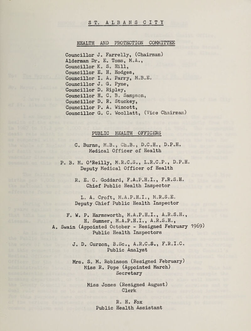 HEALTH AND PROTECTION COMMITTEE Councillor J. Farrelly, (Chairman) Alderman Dr, E, Toms, M,A,, Councillor K, So Hill, Councillor E, H, Hodges, Councillor I. A* Parry, M,B*Eo Councillor J, G, Pyne, Councillor D, Ripley, Councillor H, C, B, Sampson, Councillor D, R, Stuckey, Councillor P, Ao Wincott, Councillor G. C, Woollatt, (Vice Chairman) PUBLIC HEALTH OFFICERS Co Burns, McB,, ChoB,, DoCoH., D.P.H, Medical Officer of Health Po B. M, O'Reilly, McRcC.S., L.R.C.P,, D,PcH, Deputy Medical Officer of Health Ro E, Co Goddard, F.A.P.H,!,, F.R.S,H, Chief Public Health Inspector Le A, Croft, M.AsP.H.Io, M,R,S,Eo Deputy Chief Public Health Inspector F. W, P, Harmsworth, McA,P*H,I., AoR.S.H., H* Sumner, M,A,P«H,I,, A,R,S,H,, A* Swain (Appointed October « Resigned February Public Health Inspectors J* D, Curzon, B,Sc«, AcRoCoS,, F,R.I.C« Public Analyst Mrs, So Mo Robinson (Resigned February) Miss R, Pope (Appointed Msirch) Secretary Miss Jones (Resigned August) Clerk R, H, Fox Public Health Assistant