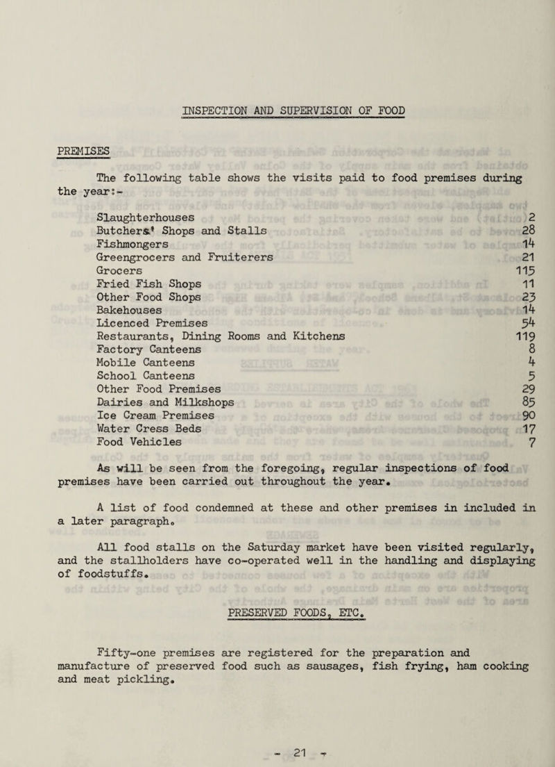 INSPECTION AND SUPERVISION OF FOOD PREMISES The following table shows the visits paid to food premises during the year?- Slaughterhouses 2 Butchers’ Shops and Stalls 28 Fishmongers 14 Greengrocers and Fruiterers 21 Grocers 115 Fried Fish Shops 11 Other Food Shops 25 Bakehouses l4 Licenced Premises 5^ Restaurants, Dining Rooms and Kitchens 119 Factory Canteens 8 Mobile Canteens 4 School Canteens 5 Other Food Premises 29 Dairies and Milkshops 85 Ice Cream Premises 90 Water Cress Beds 17 Food Vehicles 7 As will be seen from the foregoing, regular inspections of food premises have been carried out throughout the year, A list of food condemned at these and other premises in included in a later paragraph. All food stalls on the Saturday market have been visited regularly, and the stallholders have co-operated well in the handling and displaying of foodstuffs* PRESERVED FOODS, ETC, Fifty-one premises are registered for the preparation and manufacture of preserved food such as sausages, fish frying, ham cooking and meat pickling.