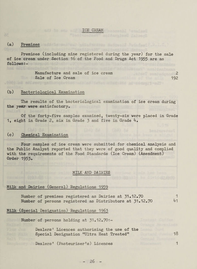 ICE CREAM (a) Premises Premises (including nine registered during the year) for the sale of ice cream under Section 16 of the Food and Drugs Act 1955 are as follows Manufacture and sale of ice cream Sale of Ice Cream 2 192 (b) Bacteriological Examination The results of the bacteriological examination of ice cream during the year were satisfactoryo Of the forty-five samples examined, twenty-six were placed in Grade 1, eight in Grade 2, six in Grade 5 and five in Grade 4o (c) Chemical Examination Four samples of ice cream were submitted for chemical analysis and the Public Analyst reported that they were of good quality and complied with the requirements of the Food Standards (Ice Cream) (Amendment) Order 1953. MILK AND DAIRIES Milk and Dairies (General) Regulations 1959 Number of premises registered as Dairies at 31o12o70 Number of persons registered as Distributors at 31®12o70 1 4l Milk (Special Designation) Regulations 1963 Niunber of persons holding at 31o12o70s Dealers® Licences authorising the use of the Special Designation Ultra Heat Treated 18 Dealers' (Pasteuriser's) Licences 1