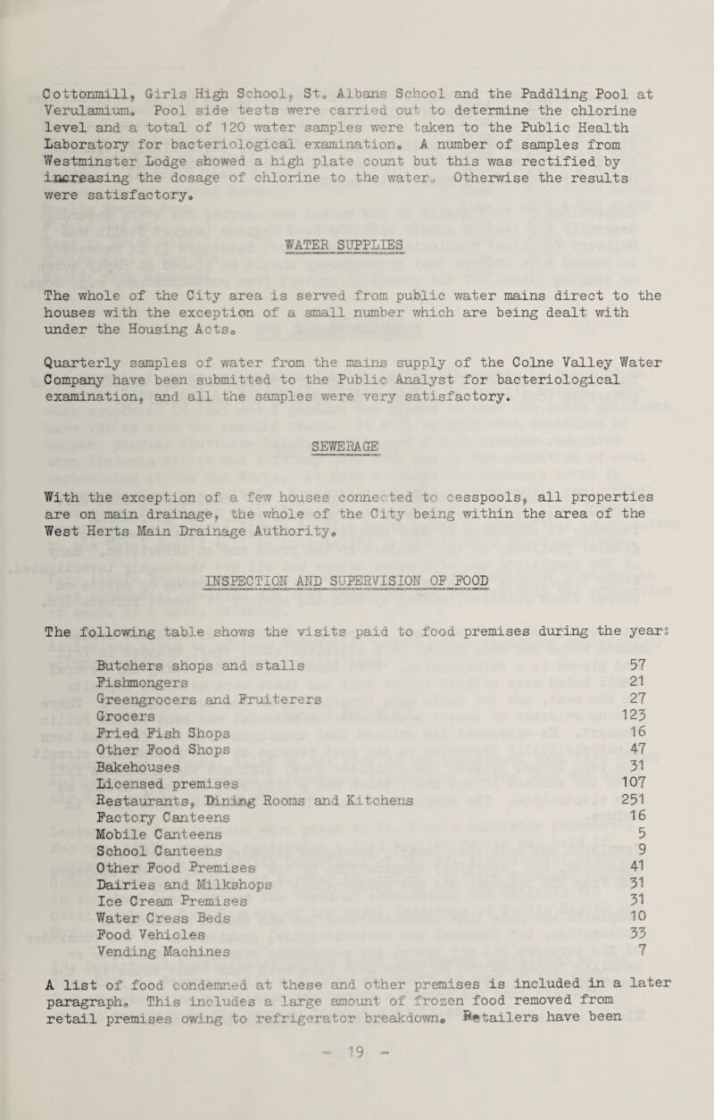 Cottorunill, Girls Hign. Sciiooij Sto Albans School and the Paddling Pool at Verulami\m<» Pool side tests were carried out to determine the chlorine level and a total of 120 water samples vrere taken to the Public Health Laboratory for bacteriological examinationo A nmber of samples from Westminster Lodge showed a high plate count but this was rectified by increasing the dosage of chlorine to the watero Otherwise the results were satisfactoryo WATER SUPPLIES The whole of the City area is served from public water mains direct to the houses with the exception of a. small number which are being dealt with under the Housing Actso Quarterly samples of water from the mains supply of the Colne Valley Water Company have been submitted to the Public Analyst for bacteriological examination^ and all the samples were very satisfactory. SEWERAGE With the exception of a few houses connected to cesspools^ all properties are on main drainage^ the whole of the City being within the area of the West Herts Main Drainage Authoritye IHSPECTIOH AITD SUPERVISION OP POOD The following table shows the visits paid to food premises during the years Butchers shops and stalls 57 Eisimiongers 21 Greengrocers and Eruiterers 27 Grocers 123 Pried Pish Shops 16 Other Pood Shops 47 Bakehouses 31 Licensed premises 107 Restaurants^ Rooms and Kitchens 251 Pactory Canteens 16 Mobile Canteens 5 School Canteens 9 Other Pood Premises 41 Dairies and Mi.ikshops 31 Ice Cream Premises 31 Water Cress Beds 10 Pood Vehicles 33 Vending Machines 7 A list of food condemned at these and other premises is included in a later paragrapho This includes a large amount of frozen food removed from retail premises owing to refrigerator breakdown© Retailers have been