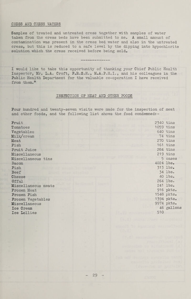 CHESS Airo CHESS WATERS Samples of treated and untreated cress together with samples of water taken from the cress beds have been submitted to mOo A small amount of contamination was present in the cress bed v;ater and also in the untreated cress, but this is reduced to a safe level by the dipping into hypochlorite solution which the cress received before being soldo I would like to take this opportunity of thanking your Chief Public Health Inspector, Mto L.Ao Croft, P«RoSoH., MoAoPoHdo, and his colleagues in the Public Health Department for the valuable co-operation I have received from themo’* INSPECTION OP IvEAT AND OTHER POODS Pour himdred and twenty-seven visits were made for the inspection of meat and other foods, and the follovmng list shows the food condemned;- Pruit Tojnatoes Vegetables Milk/cream Meat Pish Pruit Juice Miscellaneous Miscellaneous tins Bacon Pish Beef Cheese Offal Miscellaneous meats Prozen Meat Prozen Pish Prozen Vegetables Miscellaneous Ice Cream Ice Lollies 2340 tins 1059 tins 640 tins 74 tins 270 tins 161 tins 284 tins 219 tins 5 cases 4024 lbs. 313 lbs. 34 lbs. 40 Ibso 264 lbs. 241 IbSo 916 pktso 1548 pktSo 1394 pktSo 9974 pkts. 46 gallons 510