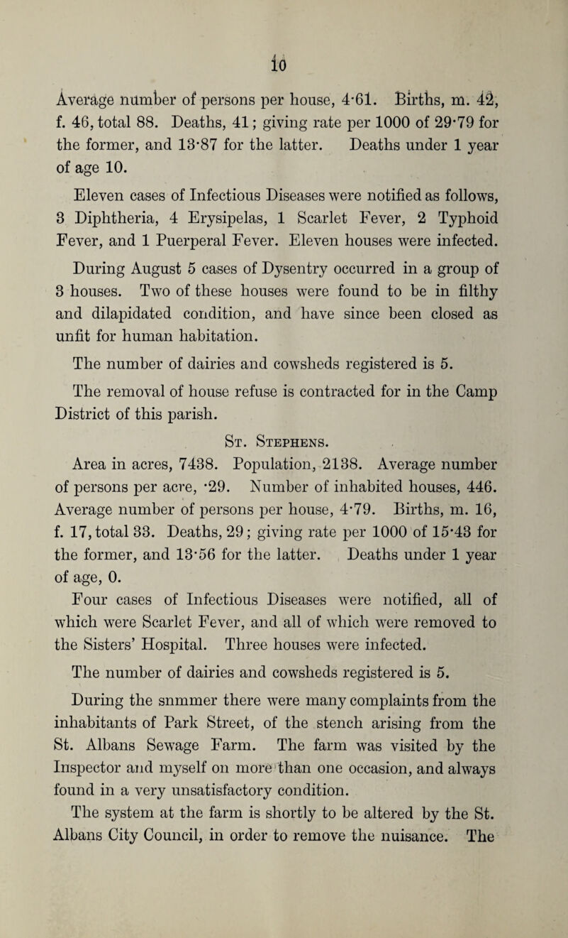 io Average number of persons per house, 4*61. Births, m. 42, f. 46, total 88. Deaths, 41; giving rate per 1000 of 29*79 for the former, and 13*87 for the latter. Deaths under 1 year of age 10. Eleven cases of Infectious Diseases were notified as follows, 3 Diphtheria, 4 Erysipelas, 1 Scarlet Fever, 2 Typhoid Fever, and 1 Puerperal Fever. Eleven houses were infected. During August 5 cases of Dysentry occurred in a group of 3 houses. Two of these houses were found to be in filthy and dilapidated condition, and have since been closed as unfit for human habitation. The number of dairies and cowsheds registered is 5. The removal of house refuse is contracted for in the Camp District of this parish. St. Stephens. Area in acres, 7438. Population, 2138. Average number of persons per acre, *29. Number of inhabited houses, 446. Average number of persons per house, 4*79. Births, m. 16, f. 17, total 33. Deaths, 29; giving rate per 1000 of 15*43 for the former, and 13*56 for the latter. Deaths under 1 year of age, 0. Four cases of Infectious Diseases were notified, all of which were Scarlet Fever, and all of which were removed to the Sisters’ Hospital. Three houses were infected. The number of dairies and cowsheds registered is 5. During the snmmer there were many complaints from the inhabitants of Park Street, of the stench arising from the St. Albans Sewage Farm. The farm was visited by the Inspector and myself on more than one occasion, and always found in a very unsatisfactory condition. The system at the farm is shortly to be altered by the St. Albans City Council, in order to remove the nuisance. The