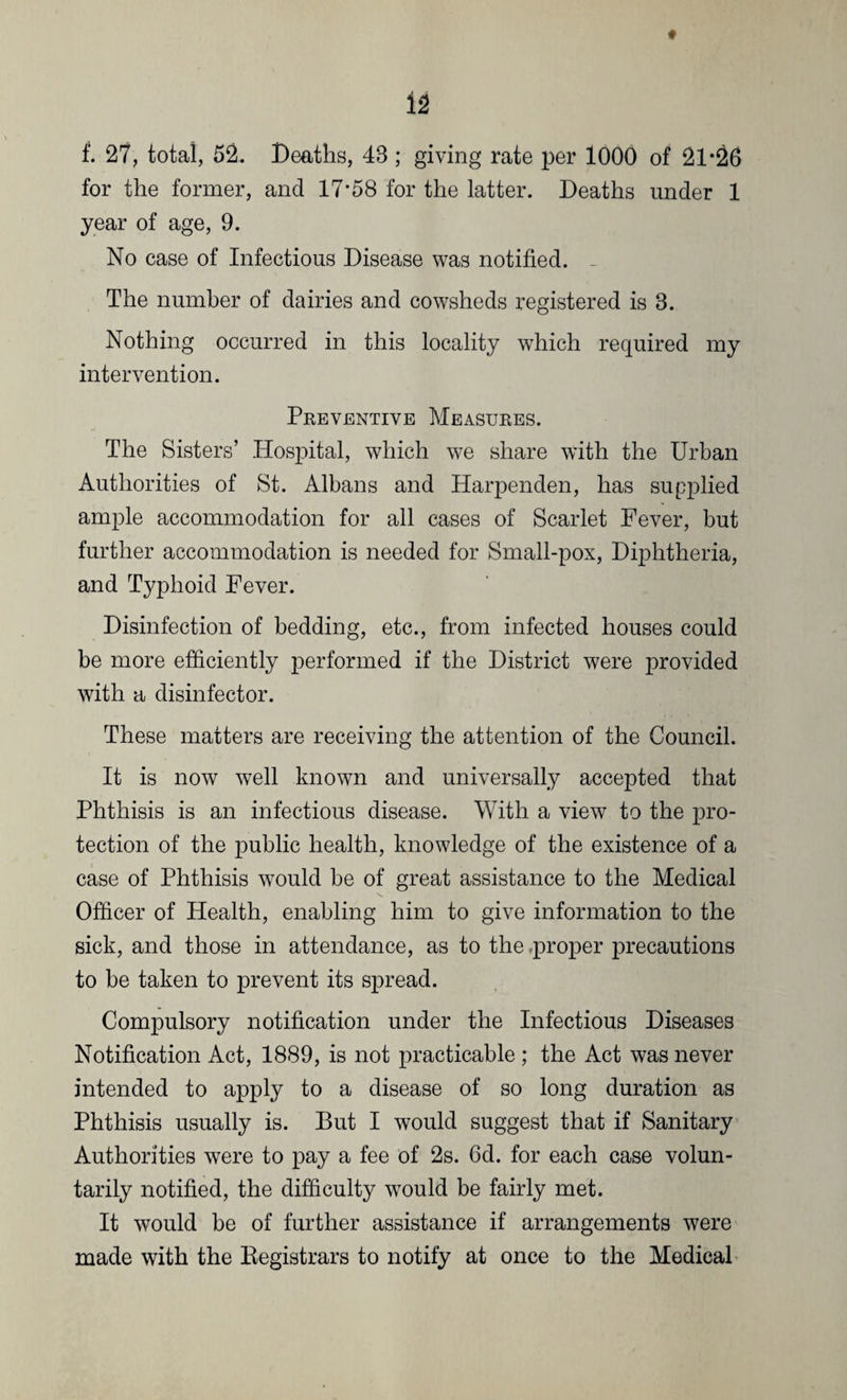 for the former, and 17*58 for the latter. Deaths under 1 year of age, 9. No case of Infectious Disease was notified. - The number of dairies and cowsheds registered is 3. Nothing occurred in this locality which required my intervention. Preventive Measures. The Sisters’ Hospital, which we share with the Urban Authorities of St. Albans and Harpenden, has supplied ample accommodation for all cases of Scarlet Fever, but further accommodation is needed for Small-pox, Diphtheria, and Typhoid Fever. Disinfection of bedding, etc., from infected houses could be more efficiently performed if the District were provided with a disinfector. These matters are receiving the attention of the Council. It is now well known and universally accepted that Phthisis is an infectious disease. With a view to the pro¬ tection of the public health, knowledge of the existence of a case of Phthisis would be of great assistance to the Medical Officer of Health, enabling him to give information to the sick, and those in attendance, as to the .proper precautions to be taken to prevent its spread. Compulsory notification under the Infectious Diseases Notification Act, 1889, is not practicable ; the Act was never intended to apply to a disease of so long duration as Phthisis usually is. But I would suggest that if Sanitary Authorities were to pay a fee of 2s. 6d. for each case volun¬ tarily notified, the difficulty wTould be fairly met. It would be of further assistance if arrangements were made with the Begistrars to notify at once to the Medical