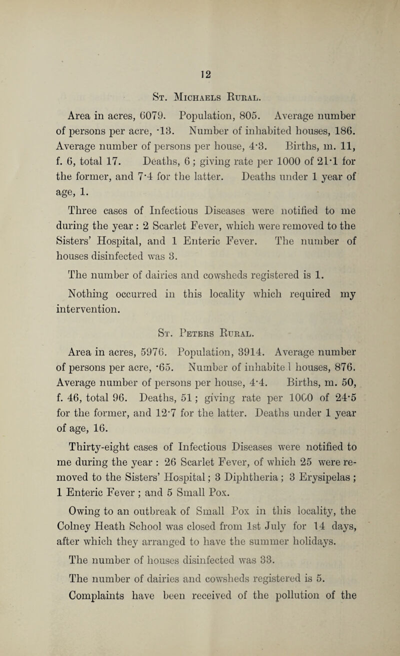 St. Michaels Bural. Area in acres, 6079. Population, 805. Average number of persons per acre, -18. Number of inhabited bouses, 186. Average number of persons per house, 4*3. Births, m. 11, f. 6, total 17. Deaths, 6; giving rate per 1000 of 2P1 for the former, and 7*4 for the latter. Deaths under 1 year of age, 1. Three cases of Infectious Diseases were notified to me during the year : 2 Scarlet Fever, which were removed to the Sisters’ Hospital, and 1 Enteric Fever. The number of houses disinfected was 3. The number of dairies and cowsheds registered is 1. Nothing occurred in this locality which required my intervention. St. Peters Bural. Area in acres, 5976. Population, 3914. Average number of persons per acre, *65. Number of inhabited houses, 876. Average number of persons per house, 4*4. Births, m. 50, f. 46, total 96. Deaths, 51; giving rate per 1000 of 24*5 for the former, and 12*7 for the latter. Deaths under 1 year of age, 16. Thirty-eight cases of Infectious Diseases were notified to me during the year : 26 Scarlet Fever, of which 25 were re¬ moved to the Sisters’ Hospital; 3 Diphtheria ; 3 Erysipelas ; 1 Enteric Fever ; and 5 Small Pox. Owing to an outbreak of Small Pox in this locality, the Colney Heath School was closed from 1st July for 14 days, after which they arranged to have the summer holidays. The number of houses disinfected was 33. The number of dairies and cowsheds registered is 5. Complaints have been received of the pollution of the
