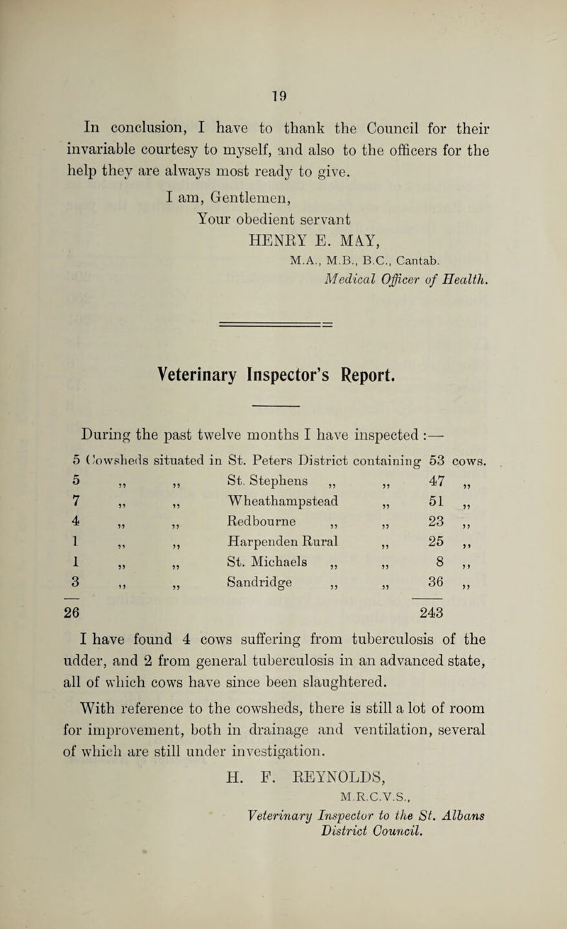 In conclusion, I have to thank the Council for their invariable courtesy to myself, and also to the officers for the help they are always most ready to give. I am, Gentlemen, Your obedient servant HENRY E. MAY, M.A., M.B., B.C., Cantab. Medical Officer of Health. Veterinary Inspector’s Report. During the past twelve months I have inspected :—• 5 Cowsheds situated in St. Peters District containing 53 cows. St. Stephens ,, Wheathampstead Redbourne ,, Harpenden Rural St. Michaels Sandridge 5 7 4 1 1 3 55 55 55 5 5 55 55 55 55 55 55 55 55 55 55 55 55 55 47 51 23 25 8 36 26 243 »> > > I have found 4 cows suffering from tuberculosis of the udder, and 2 from general tuberculosis in an advanced state, all of which cows have since been slaughtered. With reference to the cowsheds, there is still a lot of room for improvement, both in drainage and ventilation, several of which are still under investigation. H. F. REYNOLDS, M.R.C.V.S., Veterinary Inspector to the St. Albans District Council.