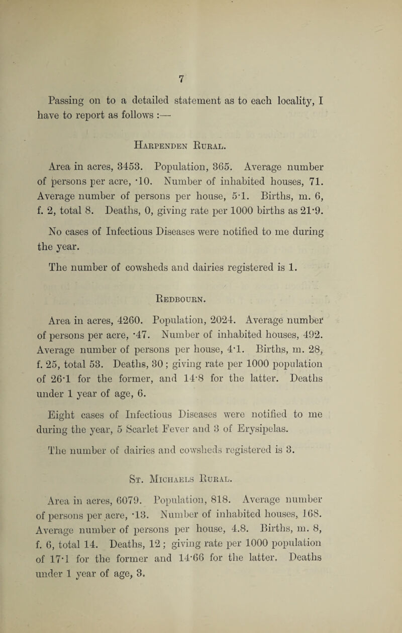 We are still without any accommodation for Small Pox, Diphtheria, or Typhoid Fever. Land has been purchased, by the St. Albans Council, at Crouch Hall, near Redbourn, as a site for a Small Pox Hospital, and another site adjoining the Sisters’ Hospital for a Typhoid and Diphtheria Hospital. An agreement to work joint hospitals on these sites has been drawn up and signed by this Council in conjunction with the St. Albans Council and Harpenden Council. GENERAL SANITATION. The number of cowsheds on register in the year 1904 is 38, distributed as follows :— Harpenden Rural ... ... ... 1 Redbourn ... ... ... ... 3 St. Michaels ... ... ... ... 4 St. Peters ... ... ... ... 7 St. Stephens ... ... .. ... 9 Sandridge ... ... ... ... 5 Wheathampstead ... ... ... 9 38 Appended are the reports of the Veterinary Inspector and Inspector of Nuisances. Bye-laws, Regulations and Adoptive Acts. The Infectious Diseases Preventive Act of 1890 does not appear to be in force in this district. I advise this Council to adopt it. New Streets and Buildings. The present bye-laws in force are new and up-to-date, but it is felt by this Council that- less stringent bye-laws are needed to be applied only to truly rural parts of the district. The matter is under consideration.