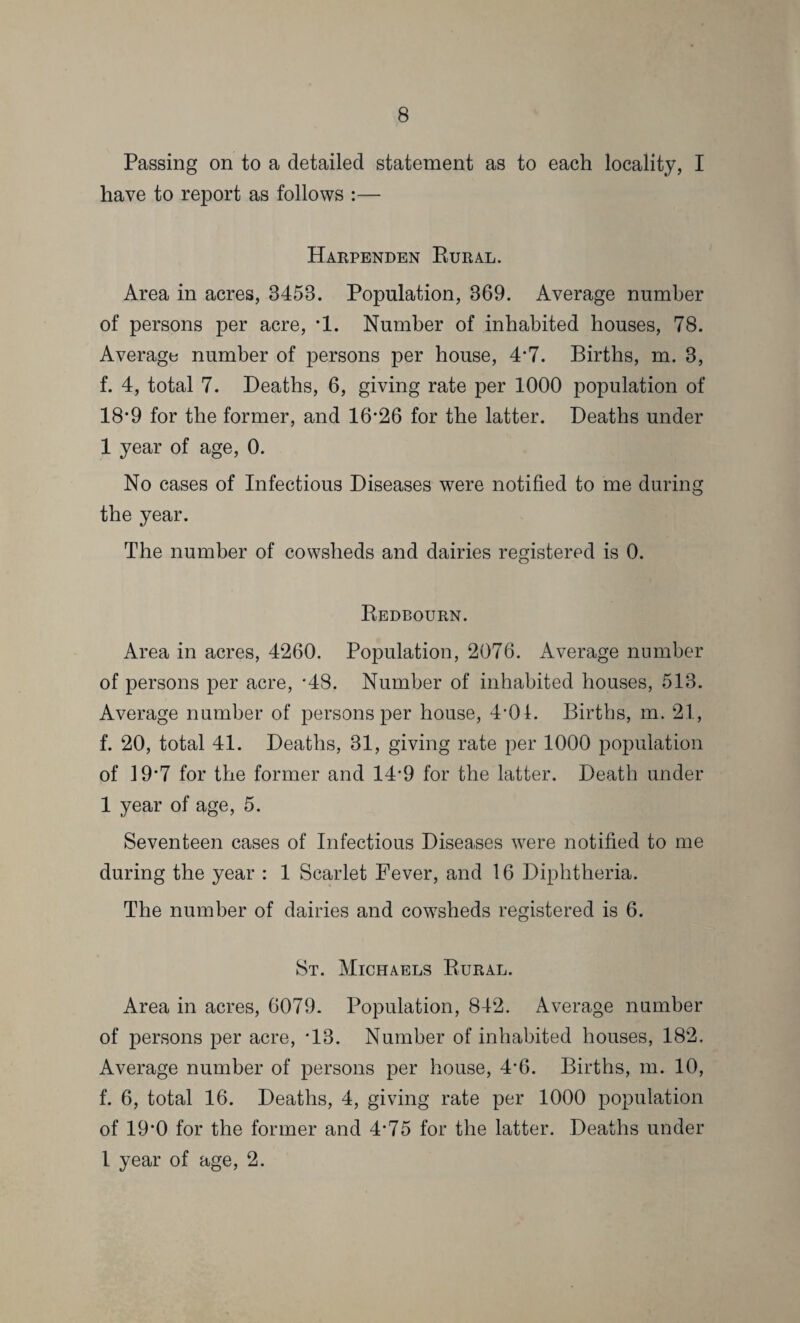 Passing on to a detailed statement as to each locality, I have to report as follows :— Harpenden Rural. Area in acres, 3458. Population, 369. Average number of persons per acre, *1. Number of inhabited houses, 78. Average number of persons per house, 4*7. Births, m. 3, f. 4, total 7. Deaths, 6, giving rate per 1000 population of 18*9 for the former, and 16*26 for the latter. Deaths under 1 year of age, 0. No cases of Infectious Diseases were notified to me during the year. The number of cowsheds and dairies registered is 0. Bedbourn. Area in acres, 4260. Population, 2076. Average number of persons per acre, *48. Number of inhabited houses, 513. Average number of persons per house, 4*01. Births, m. 21, f. 20, total 41. Deaths, 31, giving rate per 1000 population of 19*7 for the former and 14*9 for the latter. Death under 1 year of age, 5. Seventeen cases of Infectious Diseases were notified to me during the year : 1 Scarlet Fever, and 16 Diphtheria. The number of dairies and cowsheds registered is 6. St. Michaels Rural. Area in acres, 6079. Population, 842. Average number of persons per acre, *13. Number of inhabited houses, 182. Average number of persons per house, 4*6. Births, m. 10, f. 6, total 16. Deaths, 4, giving rate per 1000 population of 19*0 for the former and 4*75 for the latter. Deaths under 1 year of age, 2.