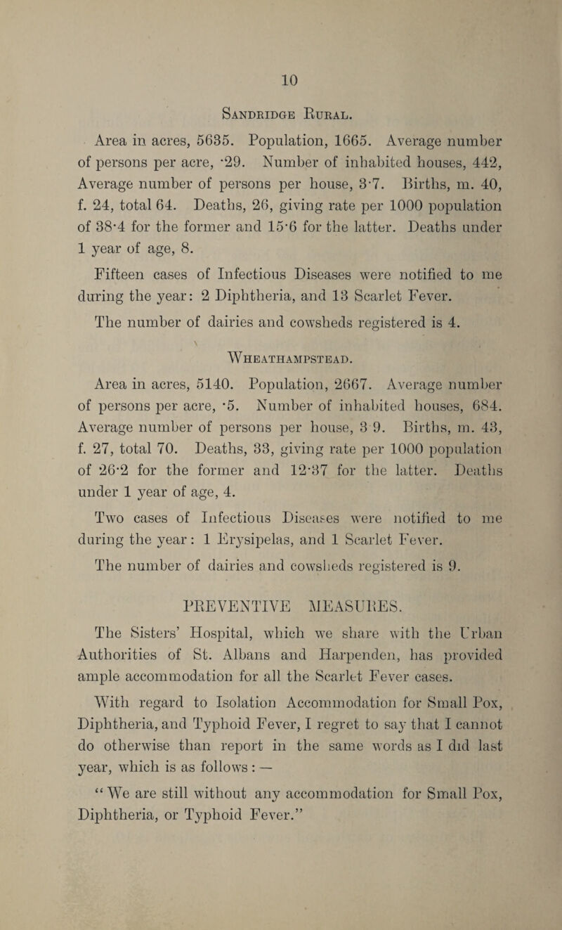 Sandridge Rural. Area in acres, 5685. Population, 1665. Average number of persons per acre, *29. Number of inhabited houses, 442, Average number of persons per house, 3*7. Births, m. 40, f. 24, total 64. Deaths, 26, giving rate per 1000 population of 38*4 for the former and 15*6 for the latter. Deaths under 1 year of age, 8. Fifteen cases of Infectious Diseases were notified to me during the year: 2 Diphtheria, and 13 Scarlet Fever. The number of dairies and cowsheds registered is 4. \ Wheathampstead. Area in acres, 5140. Population, 2667. Average number of persons per acre, *5. Number of inhabited houses, 684. Average number of persons per house, 3 9. Births, m. 43, f. 27, total 70. Deaths, 33, giving rate per 1000 population of 26*2 for the former and 12*37 for the latter. Deaths under 1 year of age, 4. Two cases of Infectious Diseases were notified to me during the year: 1 Erysipelas, and 1 Scarlet Fever. The number of dairies and cowsheds registered is 9. PREVENTIVE MEASURES. The Sisters’ Hospital, which we share with the Urban Authorities of St. Albans and Harpenden, has provided ample accommodation for all the Scarlet Fever cases. With regard to Isolation Accommodation for Small Pox, Diphtheria, and Typhoid Fever, I regret to say that I cannot do otherwise than report in the same words as I did last year, which is as follows : — “We are still without any accommodation for Small Pox, Diphtheria, or Typhoid Fever.”