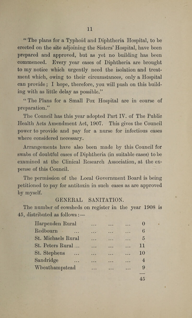 “ The plans for a Typhoid and Diphtheria Hospital, to be erected on the site adjoining the Sisters’ Hospital, have been prepared and approved, but as yet no building has been commenced. Every year cases of Diphtheria are brought to my notice which urgently need the isolation and treat¬ ment which, owing to their circumstances, only a Hospital can provide; I hope, therefore, you will push on this build¬ ing with as little delay as possible.” “ The Plans for a Small Pox Hospital are in course of preparation.” The Council has this year adopted Part IV. of The Public Health Acts Amendment Act, 1907. This gives the Council power to provide and pay for a nurse for infectious cases where considered necessary. Arrangements have also been made by this Council for swabs of doubtful cases of Diphtheria (in suitable cases) to be examined at the Clinical Research Association, at the ex¬ pense of this Council. The permission of the Local Government Board is being petitioned to pay for antitoxin in such cases as are approved by myself. GENERAL SANITATION. The number of cowsheds on register in the year 1908 is 45, distributed as follows :— Ilarpenden Rural ... ... ... 0 Redbourn ... ... ... ... 6 St. Michaels Rural ... ... ... 5 St. Peters Rural... ... ... ... 11 St. Stephens ... ... ... ... 10 Sandridge ... ... ... ... 4 Wbeathampstead ... ... ... 9 45