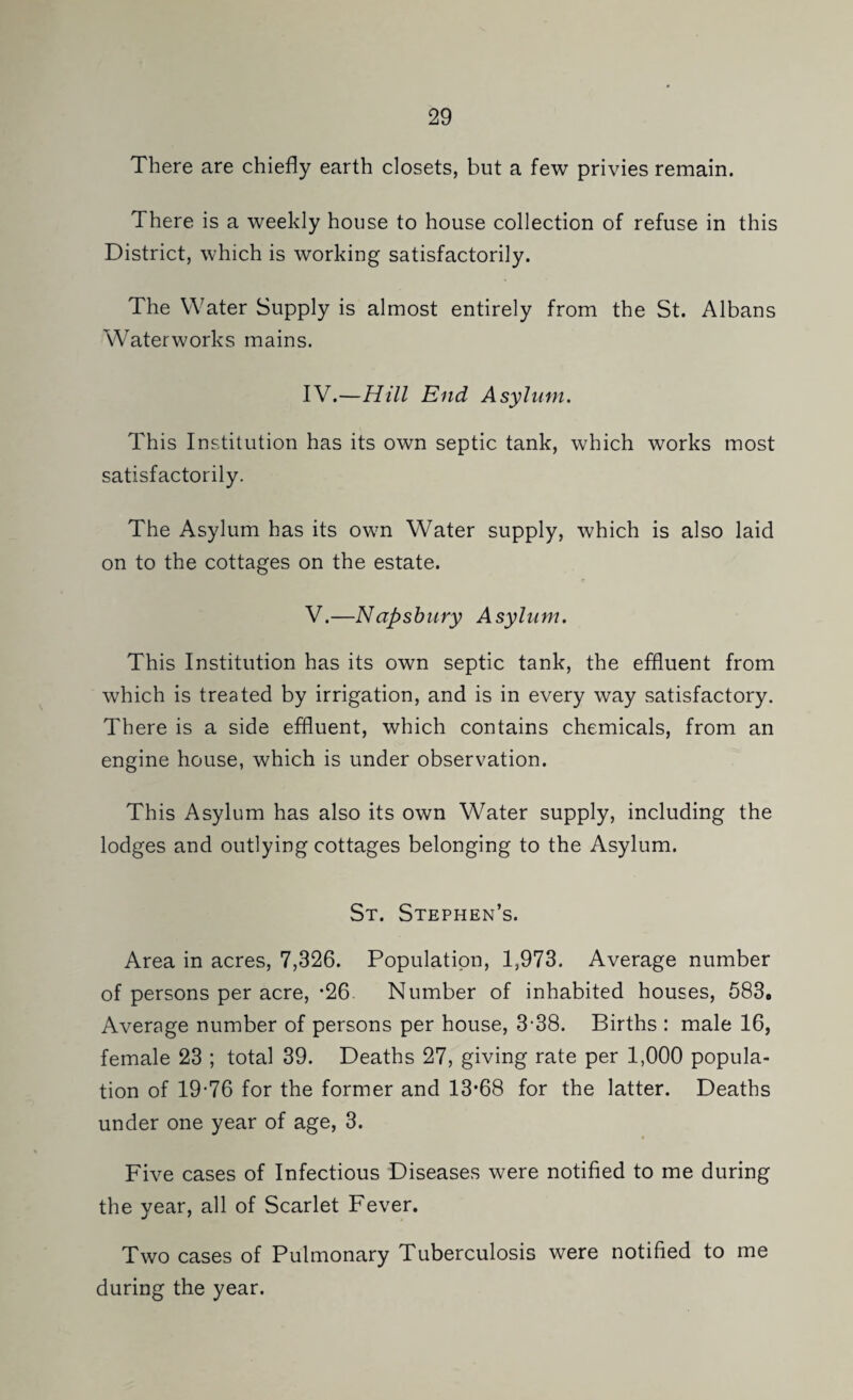 There are chiefly earth closets, but a few privies remain. There is a weekly house to house collection of refuse in this District, which is working satisfactorily. The Water Supply is almost entirely from the St. Albans Waterworks mains. IV. —Hill End Asylum. This Institution has its own septic tank, which works most satisfactorily. The Asylum has its own Water supply, which is also laid on to the cottages on the estate. V. —Napshury Asylum. This Institution has its own septic tank, the effluent from which is treated by irrigation, and is in every way satisfactory. There is a side effluent, which contains chemicals, from an engine house, which is under observation. This Asylum has also its own Water supply, including the lodges and outlying cottages belonging to the Asylum. St. Stephen’s. Area in acres, 7,326. Population, 1,973. Average number of persons per acre, *26- Number of inhabited houses, 583, Average number of persons per house, 3-38. Births : male 16, female 23 ; total 39. Deaths 27, giving rate per 1,000 popula¬ tion of 19-76 for the former and 13*68 for the latter. Deaths under one year of age, 3. Five cases of Infectious Diseases were notified to me during the year, all of Scarlet Fever. Two cases of Pulmonary Tuberculosis were notified to me during the year.