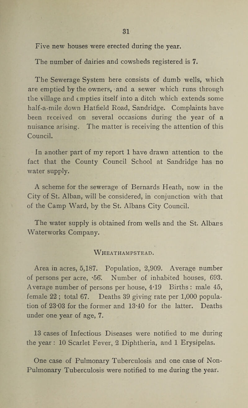 Five new houses were erected during the year. The number of dairies and cowsheds registered is 7. The Sewerage System here consists of dumb wells, which are emptied by the owners, mnd a sewer which runs through the village and empties itself into a ditch which extends some half-a-mile down Hatfield Road, Sandridge. Complaints have been received on several occasions during the year of a nuisance arising. The matter is receiving the attention of this Council. In another part of my report 1 have drawn attention to the fact that the County Council School at Sandridge has no water supply. A scheme for the sewerage of Bernards Heath, now in the City of St. Alban, will be considered, in conjunction with that of the Camp Ward, by the St. Albans City Council. The water supply is obtained from wells and the St. Albans Waterworks Company. Wheathampstead. Area in acres, 5,187. Population, 2,909. Average number of persons per acre, *56'. Number of inhabited houses, 693. Average number of persons per house, 4T9 Births : male 45, female 22 ; total 67. Deaths 39 giving rate per 1,000 popula¬ tion of 23*03 for the former and 13*40 for the latter. Deaths under one year of age, 7. 13 cases of Infectious Diseases were notified to me during the year : 10 Scarlet Fever, 2 Diphtheria, and 1 Erysipelas. One case of Pulmonary Tuberculosis and one case of Non- Pulmonary Tuberculosis were notified to me during the year.