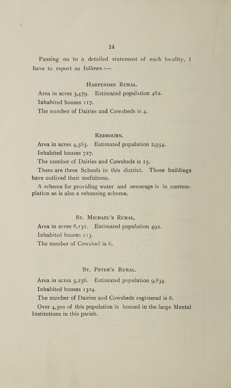Passing on to a detailed statement of each locality, I have to report as follows :— Harpenden Rural. Area in acres 3,479. Estimated population 462. Inhabited houses 117. The number of Dairies and Cowsheds is 4. Redbourn. Area in acres 4,363. Estimated population 2,954. Inhabited houses 727. The number of Dairies and Cowsheds is 15. There are three Schools in this district. Those buildings have outlived their usefulness. A scheme for providing water and sewerage is in contem¬ plation as is also a rehousing scheme. St. Michael's Rural. Area in acres 6,131. Estimated population 492. Inhabited houses 113. The number of Cowshed is 6. St. Peter's Rural. Area in acres 5,236. Estimated population 9,834. Inhabited houses 132.4. The number of Dairies and Cowsheds registered is 6. Over 4,500 of this population is housed in the large Mental Institutions in this parish.