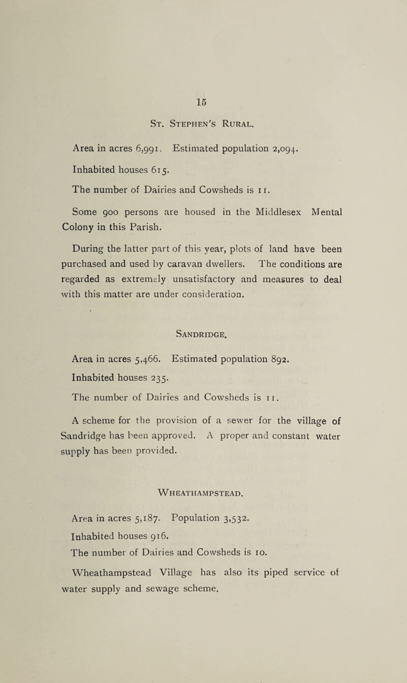 St. Stephen's Rural. Area in acres 6,991. Estimated population 2,094. Inhabited houses 615. The number of Dairies and Cowsheds is 11. Some 900 persons are housed in the Middlesex Mental Colony in this Parish. During the latter part of this year, plots of land have been purchased and used by caravan dwellers. The conditions are regarded as extremely unsatisfactory and measures to deal with this matter are under consideration. Sandridge. Area in acres 5,466. Estimated population 892. Inhabited houses 235. The number of Dairies and Cowsheds is 11. A scheme for the provision of a sewer for the village of Sandridge has been approved. A proper and constant water supply has been provided. W H E ATHAMPSTEAD. Area in acres 5,187. Population 3,532. Inhabited houses 916. The number of Dairies and Cowsheds is 10. Wheathampstead Village has also its piped service of water supply and sewage scheme.