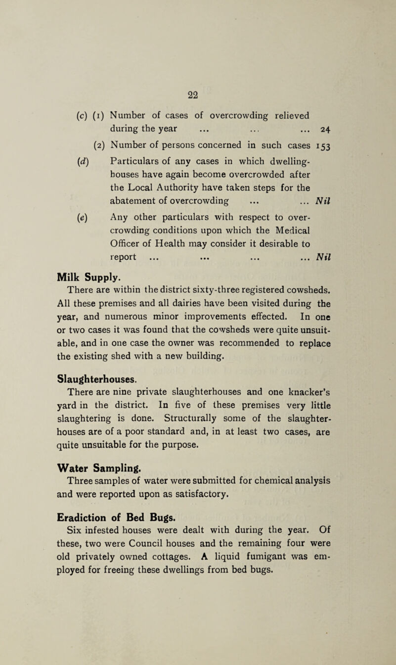 (c) (i) Number of cases of overcrowding relieved during the year ... ... ... 24 (2) Number of persons concerned in such cases 153 (d) Particulars of any cases in which dwelling- houses have again become overcrowded after the Local Authority have taken steps for the abatement of overcrowding ... ... Nil (e) Any other particulars with respect to over¬ crowding conditions upon which the Medical Officer of Health may consider it desirable to report ... ... ... ... Nil Milk Supply. There are within the district sixty-three registered cowsheds. All these premises and all dairies have been visited during the year, and numerous minor improvements effected. In one or two cases it was found that the cowsheds were quite unsuit¬ able, and in one case the owner was recommended to replace the existing shed with a new building. Slaughterhouses. There are nine private slaughterhouses and one knacker’s yard in the district. In five of these premises very little slaughtering is done. Structurally some of the slaughter¬ houses are of a poor standard and, in at least two cases, are quite unsuitable for the purpose. Water Sampling. Three samples of water were submitted for chemical analysis and were reported upon as satisfactory. Eradication of Bed Bugs. Six infested houses were dealt with during the year. Of these, two were Council houses and the remaining four were old privately owned cottages. A liquid fumigant was em¬ ployed for freeing these dwellings from bed bugs.