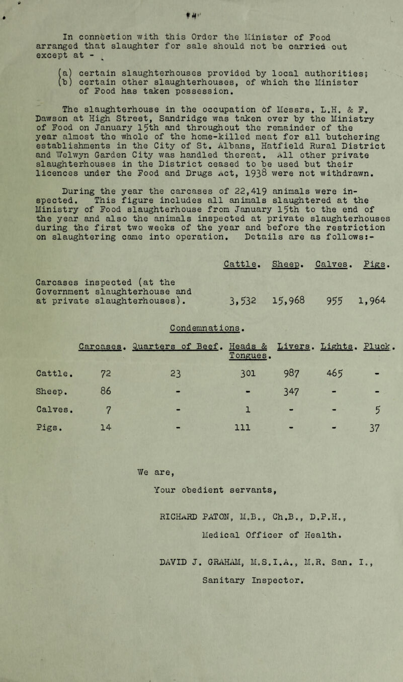 arranged that slaughter for sale should not he carried out except at - (a) certain slaughterhouses provided hy local authorities? (h) certain other slaughterhouses, of which the Minister of Pood has taken possession. The slaughterhouse in the occupation of Messrs, L.H, & P, Dawson at High Street, Sandridge was taken over hy the Ministry of Pood on January l5th and throughout the remainder of the year almost the whole of the home-killed meat for all butchering establishments in the City of St, Albans, Hatfield Rural District and Y/elwyn Garden City was handled thereat. All other private slaughterhouses in the District ceased to be used but their licences under the Pood and Drugs iict, 1938 v/ere not withdrawn. During the year the carcases of 22,419 animals were in¬ spected, This figure includes all animals slaughtered at the Ministry of Pood slaughterhouse from January 15th to the end of the year and also the animals inspected at private slaughterhouses during the first two weeks of the year and before the restriction on slaughtering carae into operation. Details are as follows:- Cattle, Sheep. Calves. Pigs Carcases inspected (at the Government slaughterhouse and at private slaughterhouses). 3,532 15,968 955 1,964 Condemnat ions, Carcases. 9.uarters of Beef. Heads & Tongues. Livers. Lights. Pluck Cattle. 72 23 301 987 465 - Sheep. 86 - - 347 - - Calves, 7 - 1 - - 5 Pigs, 14 - 111 > - 37 ¥e are, Your obedient servants, RICHaRD patch, M,B., Ch,B,, D.P.H,, Medical Officer of Health. DAVID J, GRAHYiM, MoS.I,A,, M,R, San, I,, Sanitary Inspector,