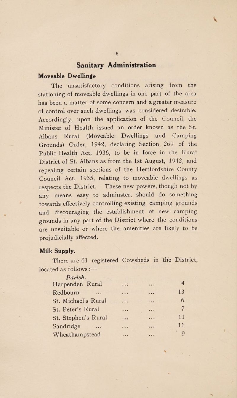 Sanitary Administration Moveable Dwellings. The unsatisfactory conditions arising from the stationing of moveable dwellings in one part of the area has been a matter of some concern and a greater measure of control over such dwellings was considered desirable. Accordingly, upon the application of the Council, the Minister of Health issued an order known as the St. Albans Rural (Moveable Dwellings and Camping Grounds) Order, 1942, declaring Section 269 of the Public Health Act, 1936, to be in force in che Rural District of St. Albans as from the 1st August, 1942, and repealing certain sections of the Hertfordshire County Council Act, 1935, relating to moveable dwellings as respects the District. These new powers, though not by any means easy to adminster, should do something towards effectively controlling existing camping grounds and discouraging the establishment of new camping grounds in any part of the District where the conditions are unsuitable or where the amenities are likely to be prejudicially affected. Milk Supply. There are 61 registered Cowsheds in the District, located as follows :— Parish. Harpenden Rural Redbourn St. Michael’s Rural St. Peter’s Rural St. Stephen’s Rural Sandridge Wheathampstead 4 13 6 7 11 11 9