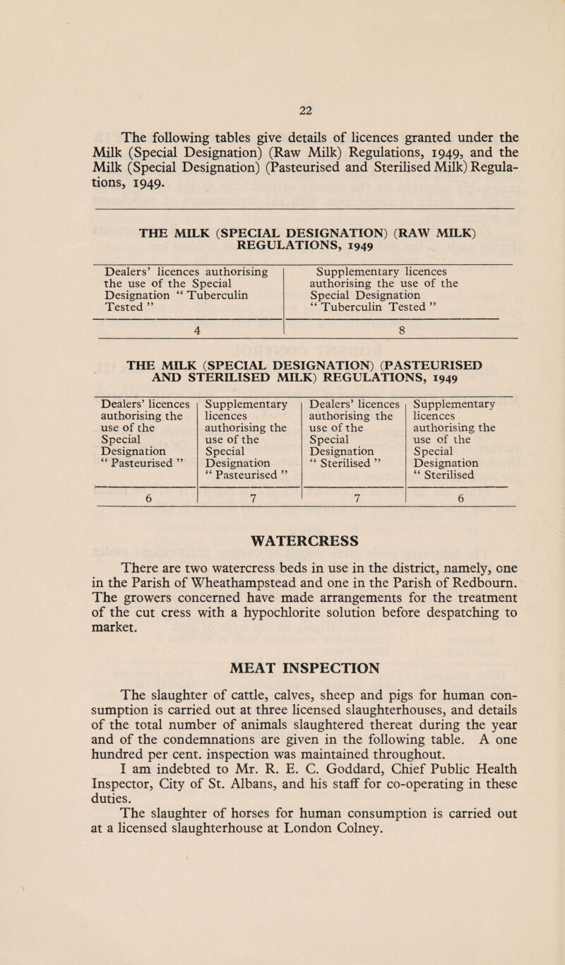 The following tables give details of licences granted under the Milk (Special Designation) (Raw Milk) Regulations, 1949, and the Milk (Special Designation) (Pasteurised and Sterilised Milk) Regula¬ tions, 1949. THE MILK (SPECIAL DESIGNATION) (RAW MILK) REGULATIONS, 1949 Dealers’ licences authorising Supplementary licences the use of the Special authorising the use of the Designation “ Tuberculin Special Designation Tested ” “ Tuberculin Tested ” 4 8 THE MILK (SPECIAL DESIGNATION) (PASTEURISED AND STERILISED MILK) REGULATIONS, 1949 Dealers’ licences authorising the use of the Special Designation “ Pasteurised ” 6 Supplementary licences authorising the use of the Special Designation “ Pasteurised ” 7 Dealers’ licences authorising the use of the Special Designation “ Sterilised ” 7 Supplementary licences authorising the use of the Special Designation “ Sterilised 6 WATERCRESS There are two watercress beds in use in the district, namely, one in the Parish of Wheathampstead and one in the Parish of Redboum. The growers concerned have made arrangements for the treatment of the cut cress with a hypochlorite solution before despatching to market. MEAT INSPECTION The slaughter of cattle, calves, sheep and pigs for human con¬ sumption is carried out at three licensed slaughterhouses, and details of the total number of animals slaughtered thereat during the year and of the condemnations are given in the following table. A one hundred per cent, inspection was maintained throughout. I am indebted to Mr. R. E. C. Goddard, Chief Public Health Inspector, City of St. Albans, and his staff for co-operating in these duties. The slaughter of horses for human consumption is carried out at a licensed slaughterhouse at London Colney.