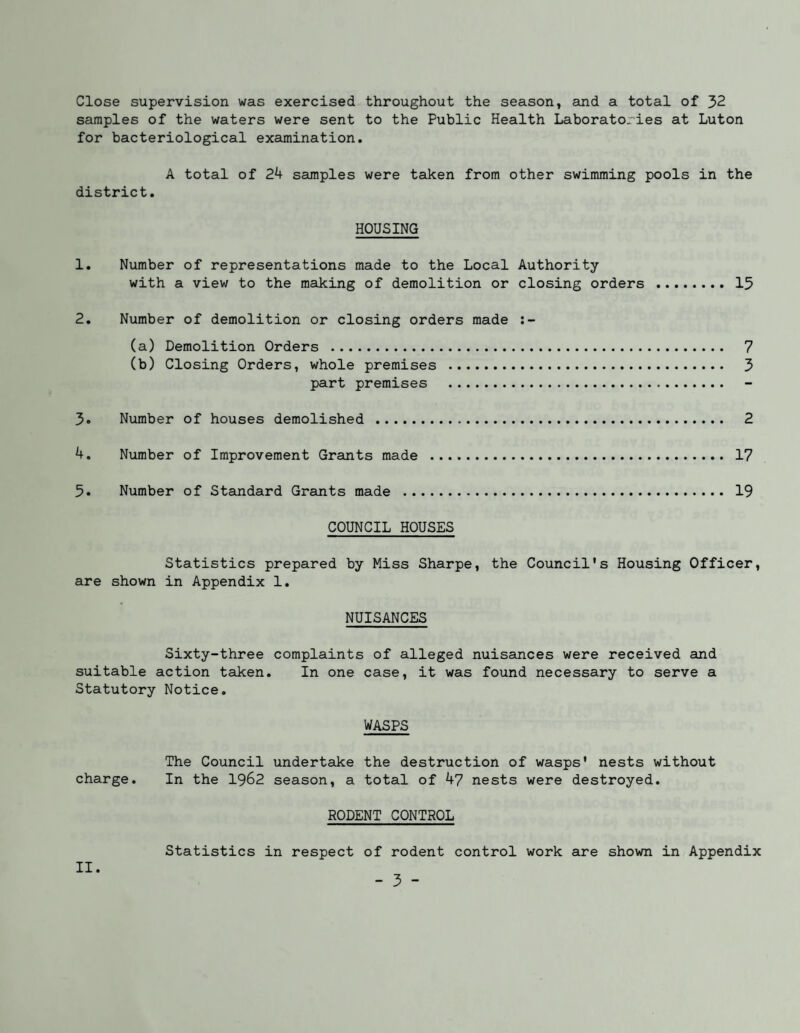 Close supervision was exercised throughout the season, and a total of 32 samples of the waters were sent to the Public Health Laboratories at Luton for bacteriological examination. A total of 24 samples were taken from other swimming pools in the district. HOUSING 1. Number of representations made to the Local Authority with a view to the making of demolition or closing orders . 15 2. Number of demolition or closing orders made (a) Demolition Orders . 7 (b) Closing Orders, whole premises . 3 part premises . 3. Number of houses demolished . 2 4. Number of Improvement Grants made . 17 5. Number of Standard Grants made . 19 COUNCIL HOUSES Statistics prepared by Miss Sharpe, the Council's Housing Officer, are shown in Appendix 1. NUISANCES Sixty-three complaints of alleged nuisances were received and suitable action taken. In one case, it was found necessary to serve a Statutory Notice. WASPS The Council undertake the destruction of wasps' nests without charge. In the 1962 season, a total of 47 nests were destroyed. RODENT CONTROL Statistics in respect of rodent control work are shown in Appendix II.