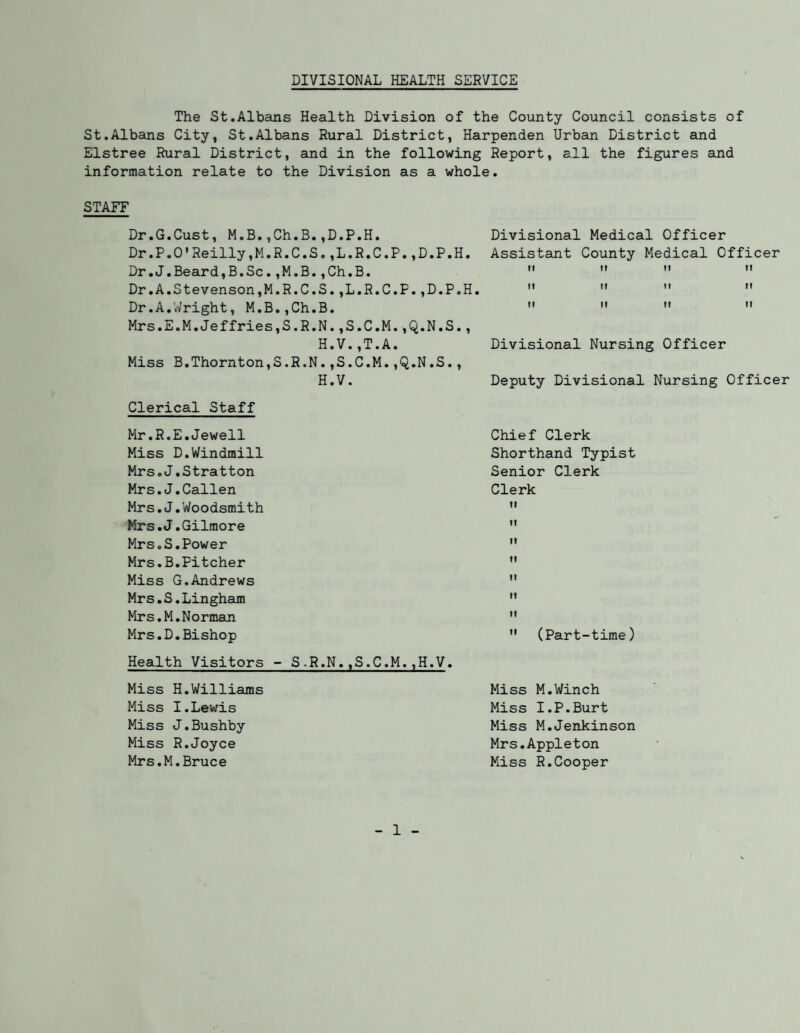 DIVISIONAL HEALTH SERVICE The St.Albans Health Division of the County Council consists of St.Albans City, St.Albans Rural District, Harpenden Urban District and Elstree Rural District, and in the following Report, all the figures and information relate to the Division as a whole. STAFF Dr.G.Cust, M.B.,Ch.B.,D.P.H. Dr.P.O'Reilly,M.R.C.S.,L.R.C.P.,D.P.H. Dr,J.Beard,B.Sc.,M.B.,Ch.B. Dr,A.Stevenson,M.R.C.S,,L.R.C.P.,D.P,H Dr.A.Wright, M.B.,Ch.B. Mrs.E.M,Jeffries,S.R,N.,S.C,M.,Q.N.S., H.V.,T.A. Miss B,Thornton,S.R.N.,S.C.M.,Q.N.S,, H.V. Clerical Staff Mr.R.E,Jewell Miss D,Windmill Mrs,J.Stratton Mrs.J.Callen Mrs.J.Woodsmith Mrs.J.Gilmore Mrs.S,Power Mrs.B,Pitcher Miss G.Andrews Mrs.S.Lingham Mrs.M,Norman Mrs.D.Bishop Health Visitors - S.R.N..S.C.M.,H.V. Miss H,Williams Miss I.Lewis Miss J.Bushby Miss R.Joyce Mrs.M.Bruce Divisional Medical Officer Assistant County Medical Officer ft tf II II II II II II 11 II II II Divisional Nursing Officer Deputy Divisional Nursing Officer Chief Clerk Shorthand Typist Senior Clerk Clerk (Part-time) Miss M,Winch Miss I.P.Burt Miss M.Jenkinson Mrs.Appleton Miss R.Cooper