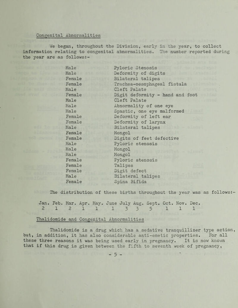 Congenital Abnormalities We began, throughout the Division, early in the year, to collect information relating to congenital abnormalities. The number reported during the year are as follows Male Pyloric Stenosis Male Deformity of digits Female Bilateral talipes Female Trachea-oesophageal fistula Male Cleft Palate Female Digit deformity - hand and foot Male Cleft Palate Male Abnormality of one eye Male Spastic, one eye malformed Female Deformity of left ear Female Deformity of larynx Male Bilateral talipes Female Mongol Female Digits of feet defective Male Pyloric stenosis Male Mongol Male Mongol Female Pyloric stenosis Female Talipes Female Digit defect Male Bilateral talipes Female Spina Bifida The distribution of these births throughout the year was as follows; Jan, Feb. Mar. Apr. May. June July Aug. Sept. Oct. Nov. Dec. 21211 1335 111 Thalidomide and Congenital Abnormalities Thalidomide is a drug which has a sedative tranquillizer type action but, in addition, it has also considerable anti-emetic properties. For all these three reasons it was being used early in pregnancy. It is now kno\/n that if this drug is given between the fifth to seventh week of pregnancy.