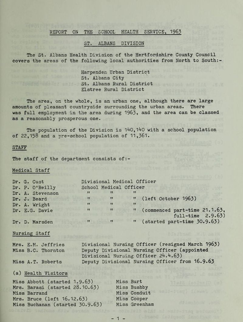 REPORT ON THE SCHOOL HEALTH SERVICE, 1963 ST. ALBANS DIVISION The St. Albans Health Division of the Hertfordshire County Council covers the areas of the following local authorities from North to South:' Harpenden Urban District St. Albans City St. Albans Rural District Elstree Rural District The area, on the whole, is an urban one, although there are large amounts of pleasant countryside surrounding the urban areas. There was full employment in the area during 1963» and the area can be classed as a reasonably prosperous one. The population of the Division is 140,140 with a school population of 22,158 and a pre-school population of 11,361. STAFF The staff of the department consists of:- Medical Staff Dr. Go Cust Divisional Medical Officer Dr. P. O'Reilly School Medical Officer Dr. A. Stevenson If IT Dr. J, Beard M M Dr. A. Wright I? U Dr. E.G. Davie M n Dr. D. Marsden If n (left October 1963) (commenced part-time 21.1.63» full-time 2.9*63) (started part-time 30.9*63) Nursing Staff Mrs. E.M. Jeffries Divisional Nursing Officer (resigned March 1963) Miss B.C. Thornton Deputy Divisional Nursing Officer (appointed Divisional Nursing Officer 24.4.63) Miss A.T. Roberts Deputy Divisional Nursing Officer from 16.9*63 (a) Health Visitors Miss Abbott (started 1.9*63) Mrs. Barasi (started 28.10.63) Miss Barrand Mrs. Bruce (left I6.12.63) Miss Buchanan (started 30.9*63) Miss Burt Miss Bushby Miss Conduit Miss Cooper Miss Greenham