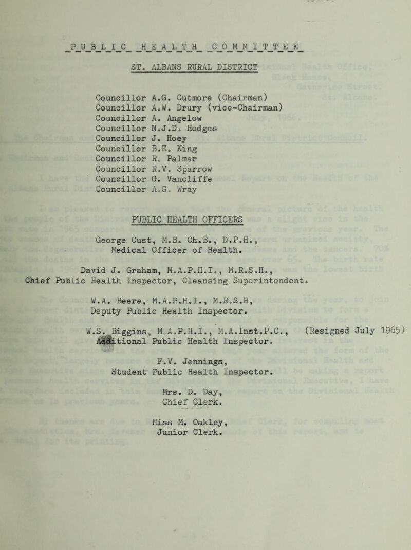 PUBLIC HEALTH COMMITTEE ST. ALBANS RURAL DISTRICT Councillor Councillor Councillor Councillor Councillor Councillor Councillor Councillor Councillor Councillor A.G. Cutmore (Chairman) A.W. Drury (vice-Chairman) A. Angelow N.J.D. Hodges J. Hoey B. E. King R. Palmer R.V. Sparrow G. Vancliffe A.G. Wray PUBLIC HEALTH OFFICERS George Cust, M.B. Ch.B., D.P.H., Medical Officer of Health. David J. Graham, M.A.P.H.I., M.R.S.H., Chief Public Health Inspector, Cleansing Superintendent. W.A. Beere, M.A.P.H.I., M.R.S.H, Deputy Public Health Inspector. W.S. Biggins, M.A.P.H.I., M.A.Inst.P.C., (Resigned July 1965) Additional Public Health Inspector. F.V. Jennings, Student Public Health Inspector. Mrs. D. Day, Chief Clerk. Miss M. Oakley, Junior Clerk.