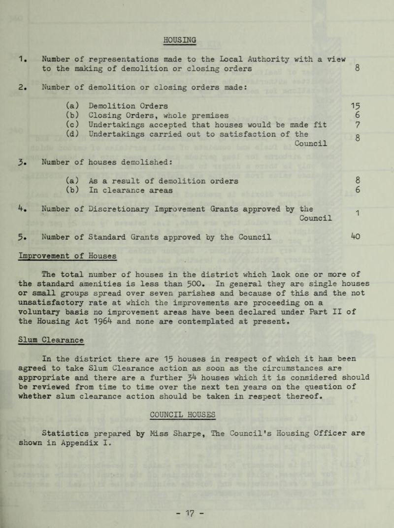 HOUSING 1. Number of representations made to the Local Authority with a view to the making of demolition or closing orders 8 2. Number of demolition or closing orders made: (a) Demolition Orders 15 (b) Closing Orders, whole premises 6 (c) Undertakings accepted that houses would be made fit 7 (d) Undertakings carried out to satisfaction of the g Council 3» Number of houses demolished: (a) As a result of demolition orders 8 (b) In clearance areas 6 4, Number of Discretionary Improvement Grants approved by the ^ Coimcil 5* Number of Standard Grants approved by the Council 40 Improvement of Houses The total number of houses in the district which lack one or more of the standard amenities is less than ^00, In general they are single houses or small groups spread over seven parishes and because of this and the not unsatisfactory rate at which the improvements are proceeding on a voluntary basis no improvement areas have been declared under Part II of the Housing Act 1964 and none are contemplated at present# Slum Clearance In the district there are 15 houses in respect of which it has been agreed to take Slum Clearance action as soon as the circumstances are appropriate and there are a further 34 houses which it is considered should be reviewed from time to time over the next ten years on the question of whether slum clearance action should be taken in respect thereof. COUNCIL HOUSES Statistics prepared by Miss Sharpe, The Council's Housing Officer are shown in Appendix I.