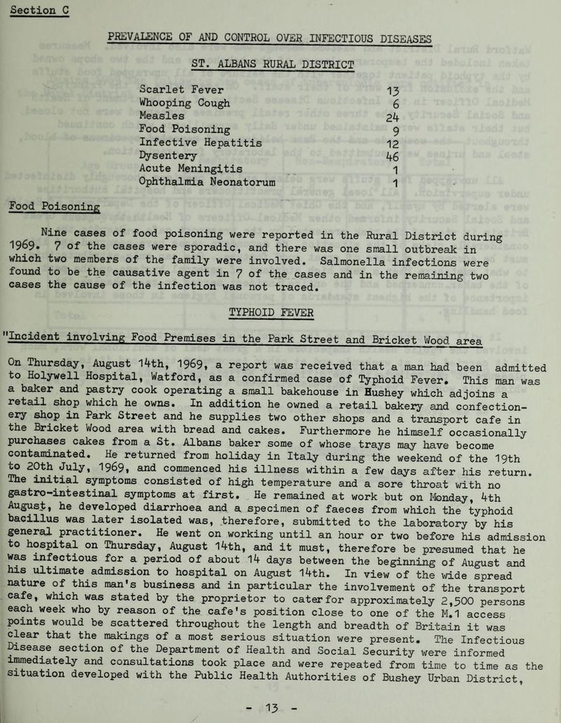 PREVALENCE OF AND CONTROL OVER INFECTIOUS DISEASES ST. ALBANS RURAL DISTRICT Scarlet Fever 13 Whooping Cough 6 Measles 24 Food Poisoning 9 Infective Hepatitis 12 Dysentery 46 Acute Meningitis 1 Ophthalmia Neonatorum 1 Food Poisoning Nine cases of food poisoning were reported in the Rural District during 1969. 7 of the cases were sporadic, and there was one small outbreak in which two members of the family were involved. Salmonella infections were found to be the causative agent in 7 of the cases and in the remaining two cases the cause of the infection was not traced. TYPHOID FEVER Incident involving Food Premises in the Park Street and Bricket Wood, area On Thursday, August 14th, 1969, a report was received that a man had been admitted to Holywell Hospital, Watford, as a confirmed case of Typhoid Fever# This man was a baker and pastry cook operating a small bakehouse in Hushey which adjoins a retail shop which he owns. In addition he owned a retail bakery and confection¬ ery shop in Park Street and he supplies two other shops and a transport cafe in the Bricket Wood area with bread and cakes. Furthermore he himself occasionally purchases cakes from a St. Albans baker some of whose trays may have become contaminated. He returned from holiday in Italy during the weekend of the 19th to 20th July, 1969, and commenced his illness within a few days after his return. The initial symptoms consisted of high temperature and a sore throat with no ^astro-intestinal symptoms at first. He remained at work but on Monday, 4th August, he developed diarrhoea and a specimen of faeces from which the typhoid bacillus was later isolated was, therefore, submitted to the laboratory by his general practitioner. He went on working until an hour or two before his admission to hospital on Thursday, August 14th, and it must, therefore be presumed that he was infectious for a period of about 14 days between the beginning of August and his ultimate_admission to hospital on August 14th. In view of the wide spread nature of this man's business and in particular the involvement of the transport cafe, which was stated by the proprietor to cater for approximately 2,500 persons each week who by reason of the cafe's position close to one of the M.1 access points would be scattered throughout the length and breadth of Britain it was clear that the makings of a most serious situation were present. The Infectious Disease section of the Department of Health and Social Security were informed immediately and consultations took place and were repeated from time to time as the situation developed with the Public Health Authorities of Bushey Urban District,