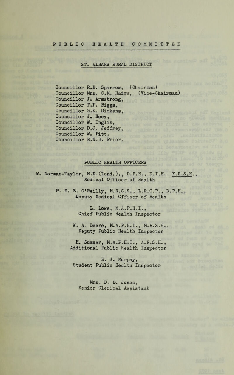 PUBLIC HEALTH COMMITTEE STo ALBANS RURAL DISTPICT Councillor Councillor Councillor Councillor Councillor Councillor Councillor Councillor Councillor Coimcillor R«B. Sparrow, (Chairman) Mrs. C.M. Hadow, (Vice-Chairman) Jo Armstrong, T.Fo Biggs, GoK. Dickens, Jo Hoey, Wo Inglis, DoJo Jeffrey, Wo Pitt, R.N.B. Prioro PUBLIC HEALTH OFFICERS Wo Norman-Taylor, M,Do(Lond.)o, D.P.H,, DoI.H., FoRoSoHo, Medical Officer of Health P. M. B, O'Reilly, MoRoC.S., LoRoCoP., DoP.Ho, Deputy Medical Officer of Health L, Lowe, MoAoPoH.Io, Chief Public Health Inspector W. A. Beere, MoA.PoHoIo, MoR.SoHo, Deputy Public Health Inspector H, Sumner, M.A.P.H.I., AoRoS.H., Additional Public Health Inspector R. J. Murphy, Student Public Health Inspector Mrs. Do B. Jones, Senior Clerical Assistant