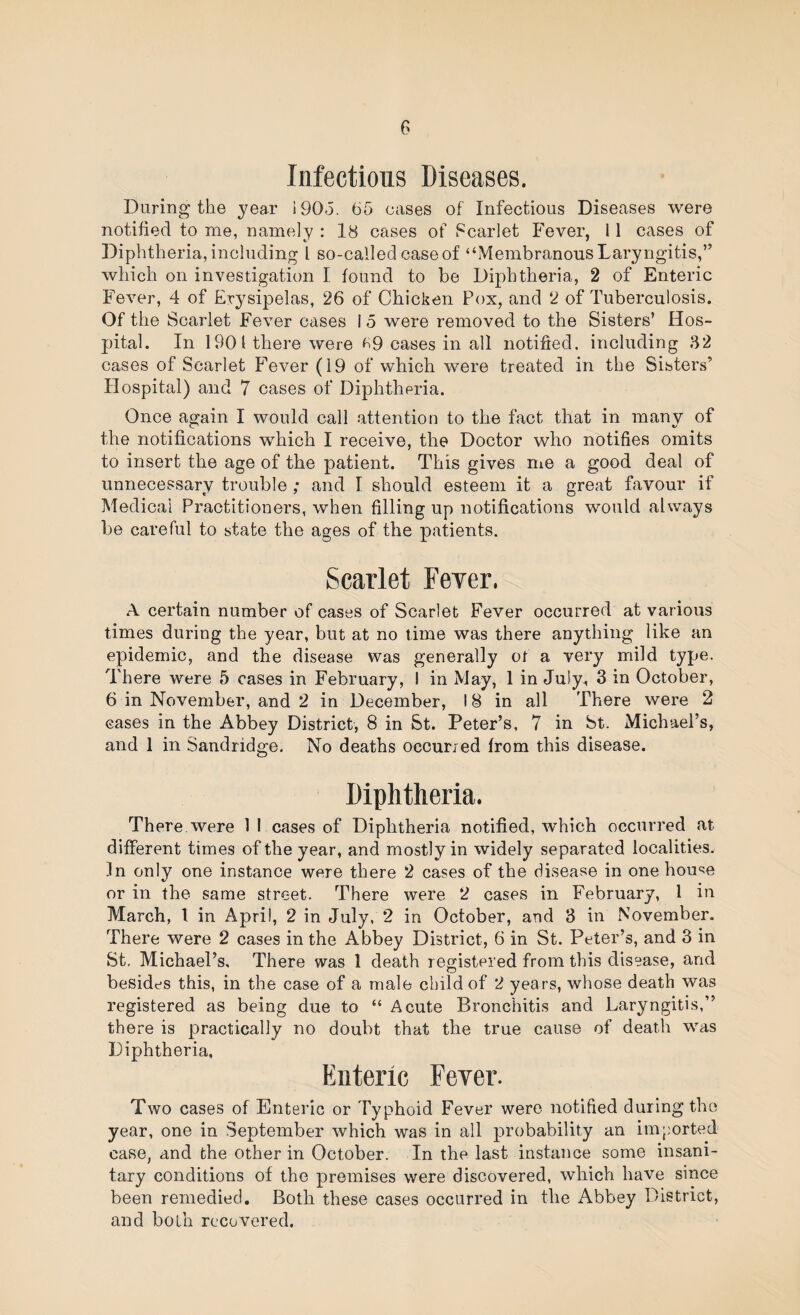 p Infectious Diseases. During the year i90<5. 65 cases of Infectious Diseases were notified to me, namely : l8 cases of Fcarlet Fever, 11 cases of Diphtheria, including I so-called case of “Membranous Laryngitis,” which on investigation I found to be Diphtheria, 2 of Enteric Fever, 4 of Erysipelas, 26 of Chicken Pox, and 2 of Tuberculosis. Of the Scarlet Fever cases I 5 were removed to the Sisters’ Hos¬ pital. In 1901 there were f>9 cases in all notified, including 82 cases of Scarlet Fever (19 of which were treated in the Sisters’ Hospital) and 7 cases of Diphtheria. Once again I would call attention to the fact that in manv of the notifications which I receive, the Doctor who notifies omits to insert the age of the patient. This gives me a good deal of unnecessary trouble ; and I should esteem it a great favour if Medical Practitioners, when filling up notifications would always be careful to state the ages of the patients. Scarlet Fever. A certain number of cases of Scarlet Fever occurred at various times during the year, but at no time was there anything like an epidemic, and the disease was generally of a very mild type. There were 5 cases in February, ! in May, 1 in Juiy^ 3 in October, 6 in November, and 2 in December, 18 in all There were 2 cases in the Abbey District, 8 in St. Peter’s, 7 in St. Michael’s, and 1 in Sandridge. No deaths occuried from this disease. Diphtheria. There were 1 1 cases of Diphtheria notified, which occurred at different times of the year, and mostly in widely separated localities. In only one instance were there 2 cases of the disease in one house or in the same street. There were 2 cases in February, 1 in March, I in April, 2 in July, 2 in October, and 3 in November. There were 2 cases in the Abbey District, 6 in St. Peter’s, and 3 in St, Michael’s, There was 1 death registered from this disease, and besides this, in the case of a male child of 2 years, whose death was registered as being due to “ Acute Bronchitis and Laryngitis,” there is practically no doubt that the true cause of death was Diphtheria, Enteric Fever. Two cases of Enteric or Typhoid Fever were notified during the year, one in September which was in all probability an imported case, and the other in October. In the last instance some insani¬ tary conditions of the premises were discovered, which have since been remedied. Both these cases occurred in the Abbey District, and boLh recovered.