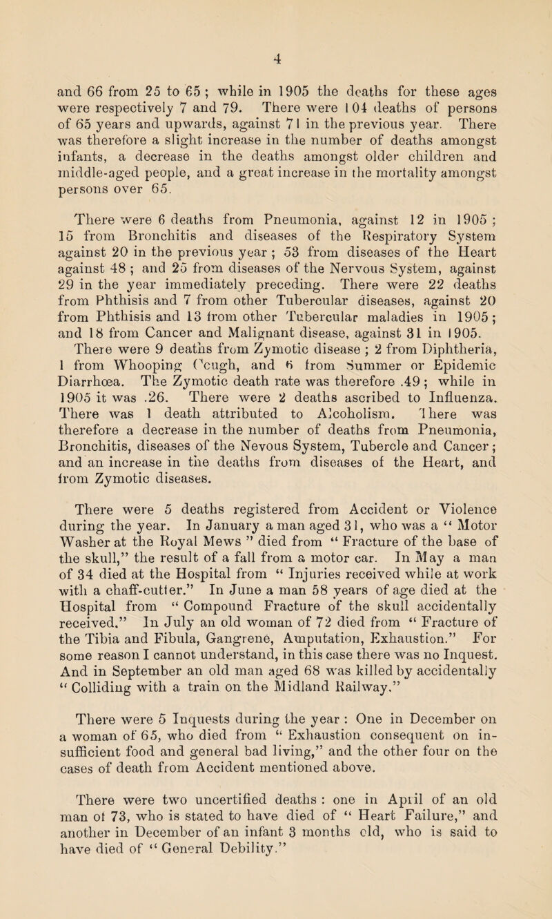 and 66 from 25 to 65 ; while in 1905 the deaths for these ages were respectively 7 and 79. There were 104 deaths of persons of 65 years and upwards, against 71 in the previous year. There was therefore a slight increase in the number of deaths amongst infants, a decrease in the deaths amongst older children and middle-aged people, and a great increase in the mortality amongst persons over 65. There were 6 deaths from Pneumonia, against 12 in 1905 ; 15 from Bronchitis and diseases of the Respiratory System against 20 in the previous year ; 53 from diseases of the Heart against 48 ; and 25 from diseases of the Nervous System, against 29 in the year immediately preceding. There were 22 deaths from Phthisis and 7 from other Tubercular diseases, against 20 from Phthisis and 13 from other Tubercular maladies in 1905; and 18 from Cancer and Malignant disease, against 31 in 1905. There were 9 deaths from Zymotic disease ; 2 from Diphtheria, 1 from Whooping Ccugh, and 6 from Summer or Epidemic Diarrhoea. The Zymotic death rate was therefore .49 ; while in 1905 it was .26. There were 2 deaths ascribed to Influenza. There was 1 death attributed to Alcoholism. I here wTas therefore a decrease in the number of deaths from Pneumonia, Bronchitis, diseases of the Nevous System, Tubercle and Cancer; and an increase in the deaths from diseases of the Heart, and Irom Zymotic diseases. There were 5 deaths registered from Accident or Violence during the year. In January a man aged 31, who was a “ Motor Washer at the Royal Mews ” died from “ Fracture of the base of the skull,” the result of a fall from a motor car. In May a man of 34 died at the Hospital from “ Injuries received while at work with a chaff-cutler.” In June a man 58 years of age died at the Hospital from “ Compound Fracture of the skull accidentally received.” In July an old woman of 72 died from “ Fracture of the Tibia and Fibula, Gangrene, Amputation, Exhaustion.” For some reason I cannot understand, in this case there was no Inquest. And in September an old man aged 68 was killed by accidentally u Colliding with a train on the Midland Railway.” There were 5 Inquests during the year : One in December on a woman of 65, who died from “ Exhaustion consequent on in¬ sufficient food and general bad living,” and the other four on the cases of death from Accident mentioned above. There were two uncertified deaths : one in April of an old man ot 73, who is stated to have died of “ Heart Failure,” and another in December of an infant 3 months cld, who is said to have died of “ General Debility.”