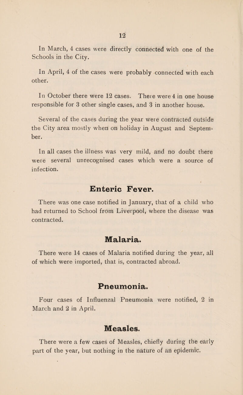 In March, 4 cases were directly connected with one of the Schools in the City. In April, 4 of the cases were probably connected with each other. In October there were 12 cases. There were 4 in one house responsible for 3 other single cases, and 3 in another house. Several of the cases during the year were contracted outside the City area mostly when on holiday in August and Septem¬ ber. In all cases the illness was very mild, and no doubt there were several unrecognised cases which were a source of infection. I Enteric Fever. There was one case notified in January, that of a child who had returned to School from Liverpool, where the disease was contracted. Malaria. There were 14 cases of Malaria notified during the year, all of which were imported, that is, contracted abroad. Pneumonia. Four cases of Influenzal Pneumonia were notified, 2 in March and 2 in April. Measles. There were a few cases of Measles, chiefly during the early part of the year, but nothing in the nature of an epidemic.