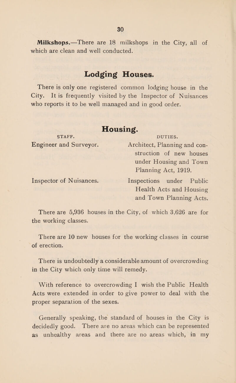 Milkshops.—There are 18 milkshops in the City, all of which are clean and well conducted. Lodging Houses. There is only one registered common lodging house in the City. It is frequently visited by the Inspector of Nuisances who reports it to be well managed and in good order. Housing. STAFF. DUTIES. Engineer and Surveyor. Architect, Planning and con¬ struction of new houses under Housing and Town Planning Act, 1919. Inspector of Nuisances. Inspections under Public Health Acts and Housing and Town Planning Acts. There are 5,936 houses in the City, of which 3,626 are for the working classes. There are 10 new houses for the working classes in course of erection. There is undoubtedly a considerable amount of overcrowding in the City which only time will remedy. With reference to overcrowding I wish the Public Health Acts were extended in order to give power to deal with the proper separation of the sexes. Generally speaking, the standard of houses in the City is decidedly good. There are no areas which can be represented as unhealthy areas and there are no areas which, in my