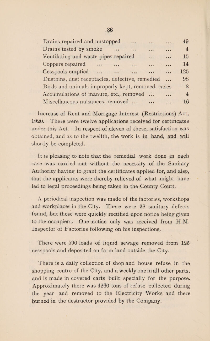 Drains repaired and unstopped ... ... ... 49 Drains tested by smoke .. ... ... ... 4 Ventilating and waste pipes repaired ... ... 15 Coppers repaired ... ... ... ... ... 14 Cesspools emptied ... ... ... ... ... 125 Dustbins, dust receptacles, defective, remedied ... 98 Birds and animals improperly kept, removed, cases 2 Accumulations of manure, etc., removed ... ... 4 Miscellaneous nuisances, removed ... ... ... 16 Increase of Rent and Mortgage Interest (Restrictions) Act, 1920. There were twelve applications received for certificates under this Act. In respect of eleven of these, satisfaction was obtained, and as to the twelfth, the work is in hand, and will shortly be completed. It is pleasing to note that the remedial work done in each case was carried out without the necessity of the Sanitary Authority having to grant the certificates applied for, and also, that the applicants were thereby relieved of what might have led to legal proceedings being taken in the County Court. A periodical inspection was made of the factories, workshops and workplaces in the City. There were 28 sanitary defects found, but these were quickly rectified upon notice being given to the occupiers. One notice only was received from H.M. Inspector of Factories following on his inspections. There were 590 loads of liquid sewage removed from 125 cesspools and deposited on farm land outside the City. There is a daily collection of shop and house refuse in the shopping centre of the City, and a weekly one in all other parts, and is made in covered carts built specially for the purpose. Approximately there was 4260 tons of refuse collected during the year and removed to the Electricity Works and there burned in the destructor provided by the Company.